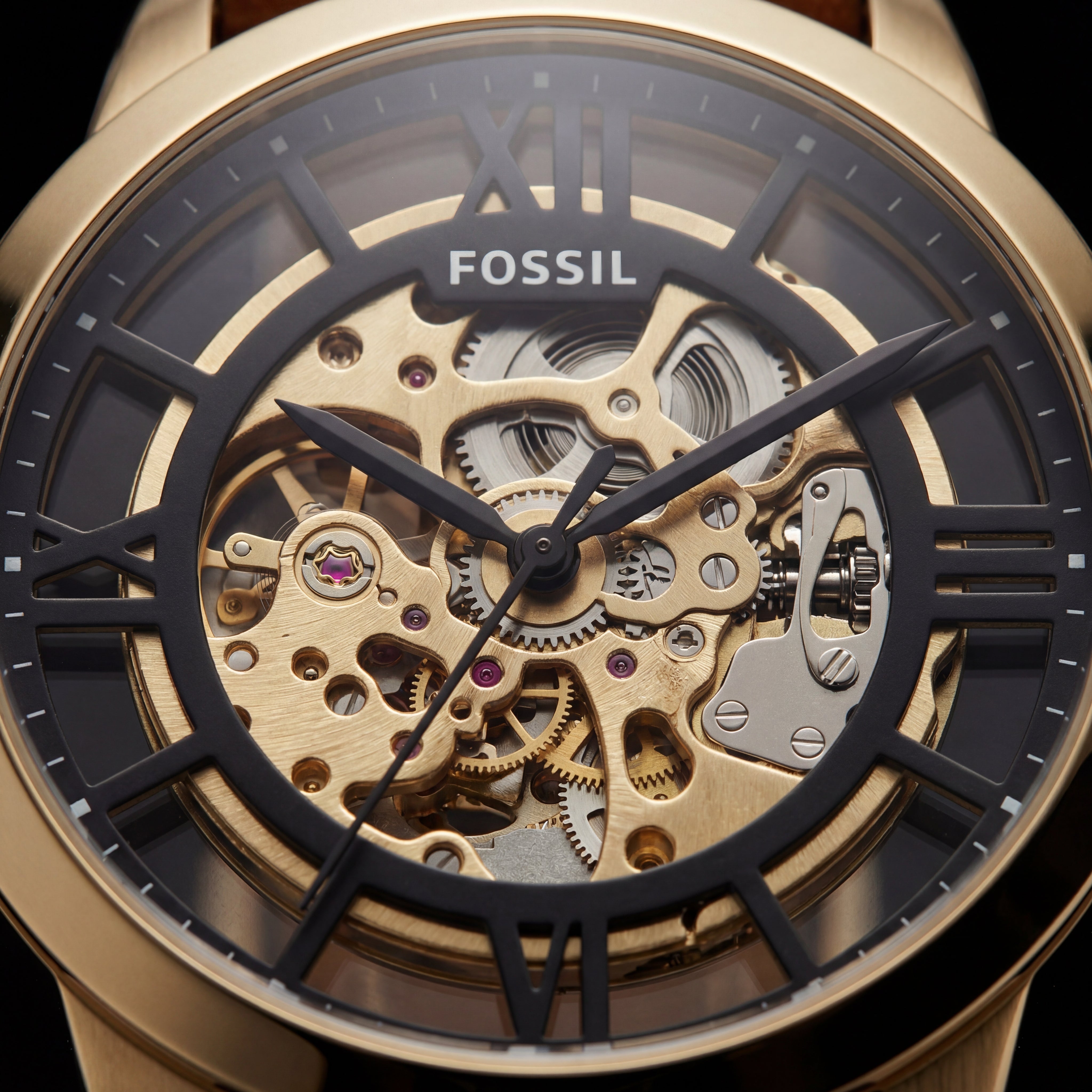 Gold Skeleton Automatic Men’s Watch with Black Leather Strap