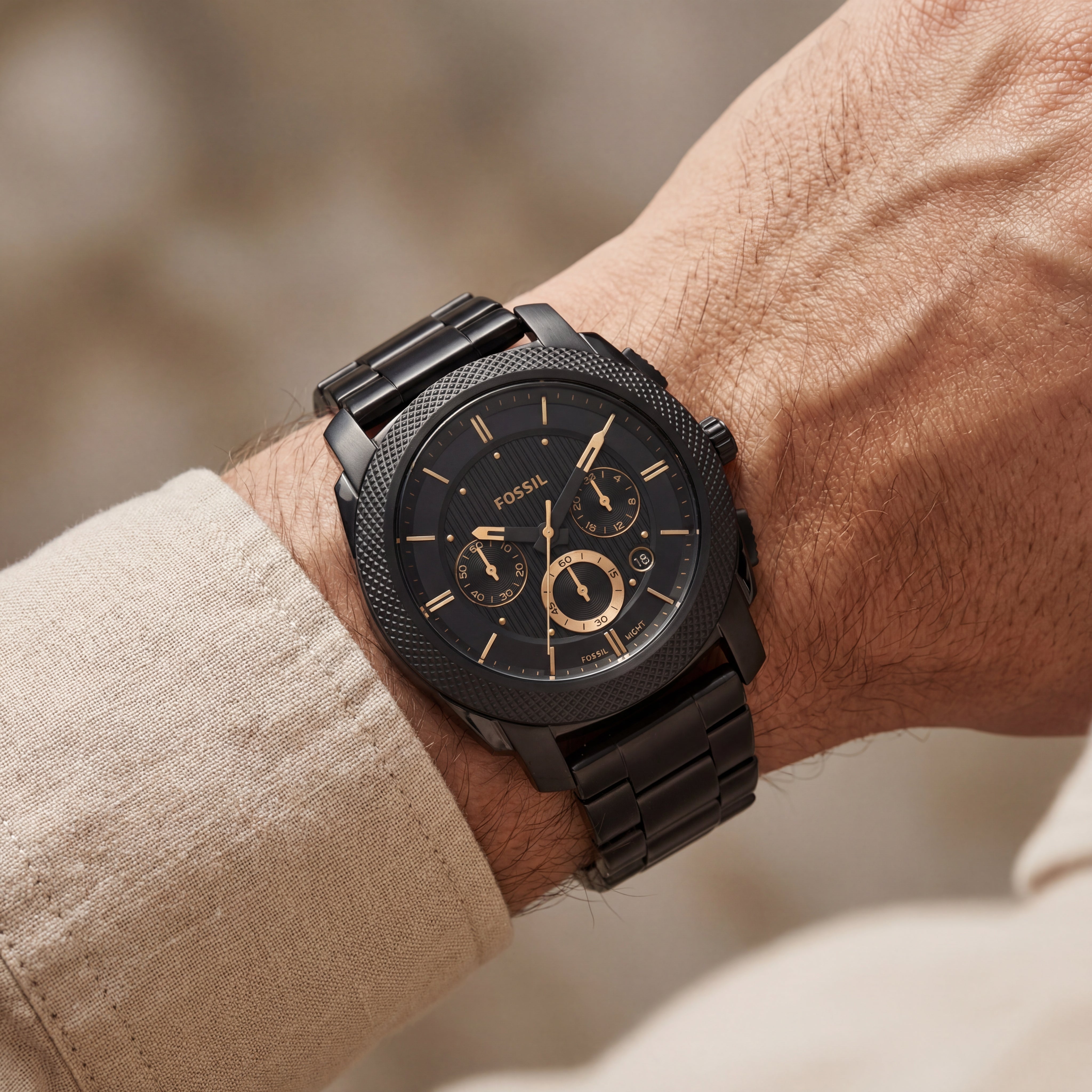 All-Black Chronograph Men’s Watch with Gold Accents