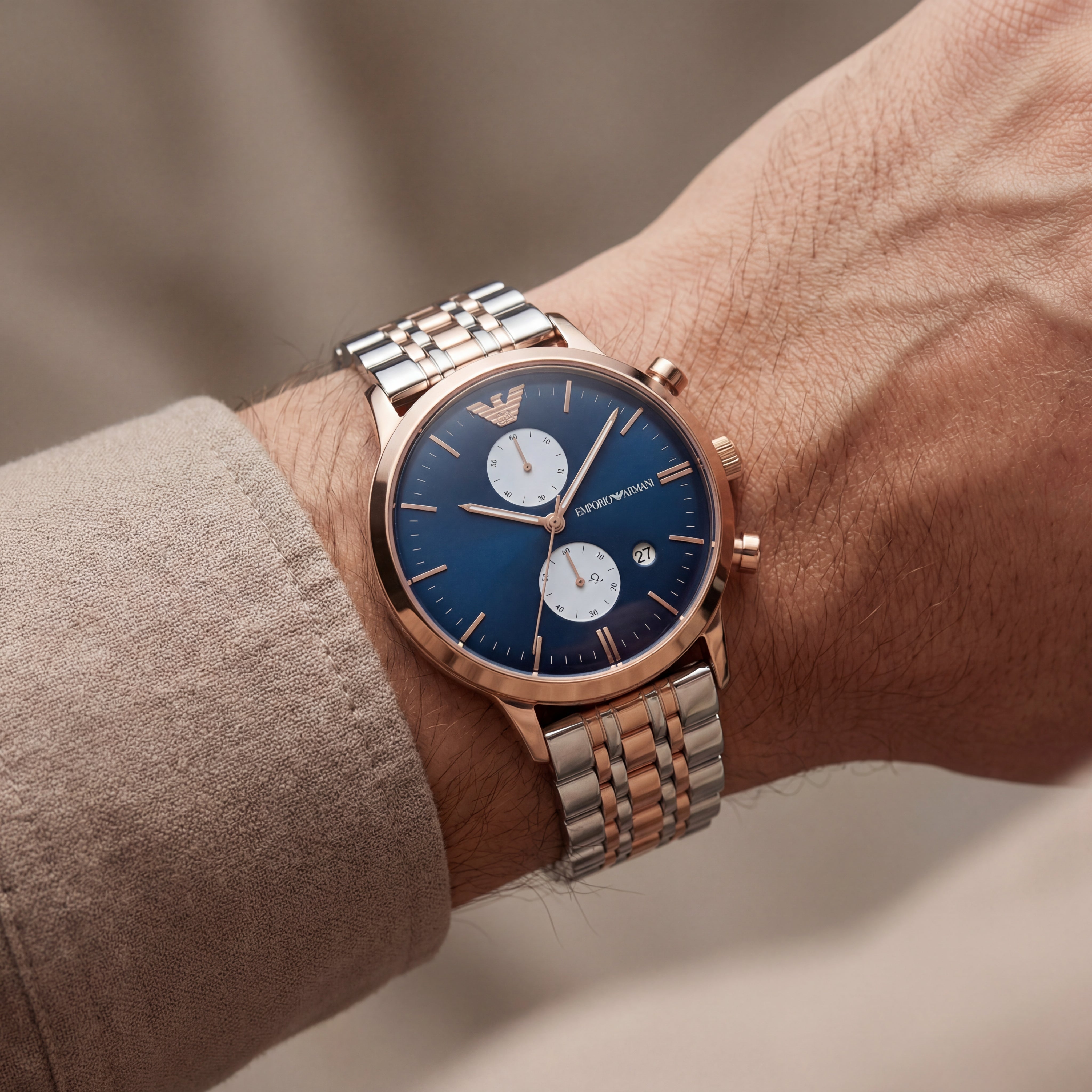 Two-Tone Rose Gold Chronograph Luxury Men’s Watch with Deep Blue Dial