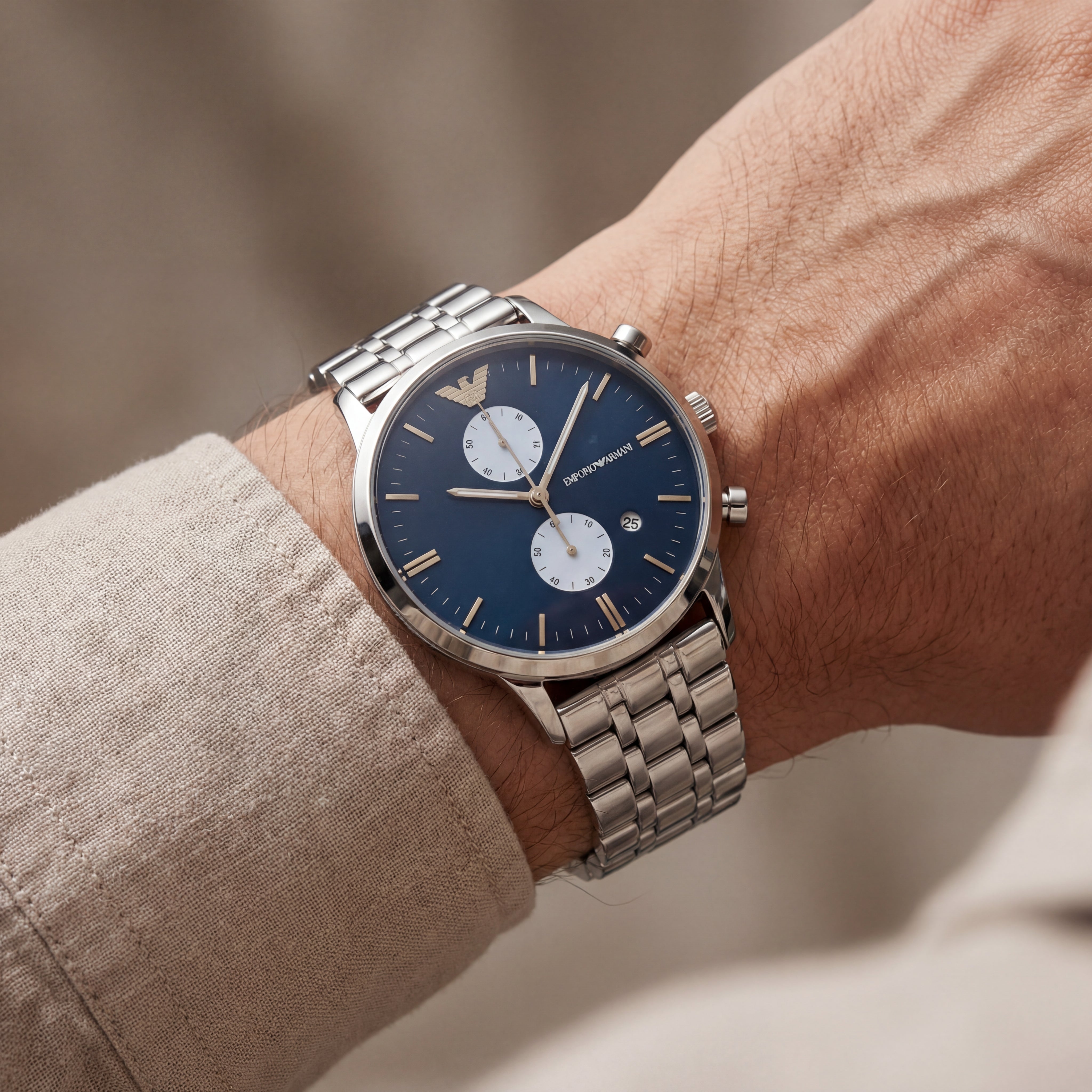 Silver Stainless Steel Chronograph Luxury Men’s Watch with Deep Blue Dial