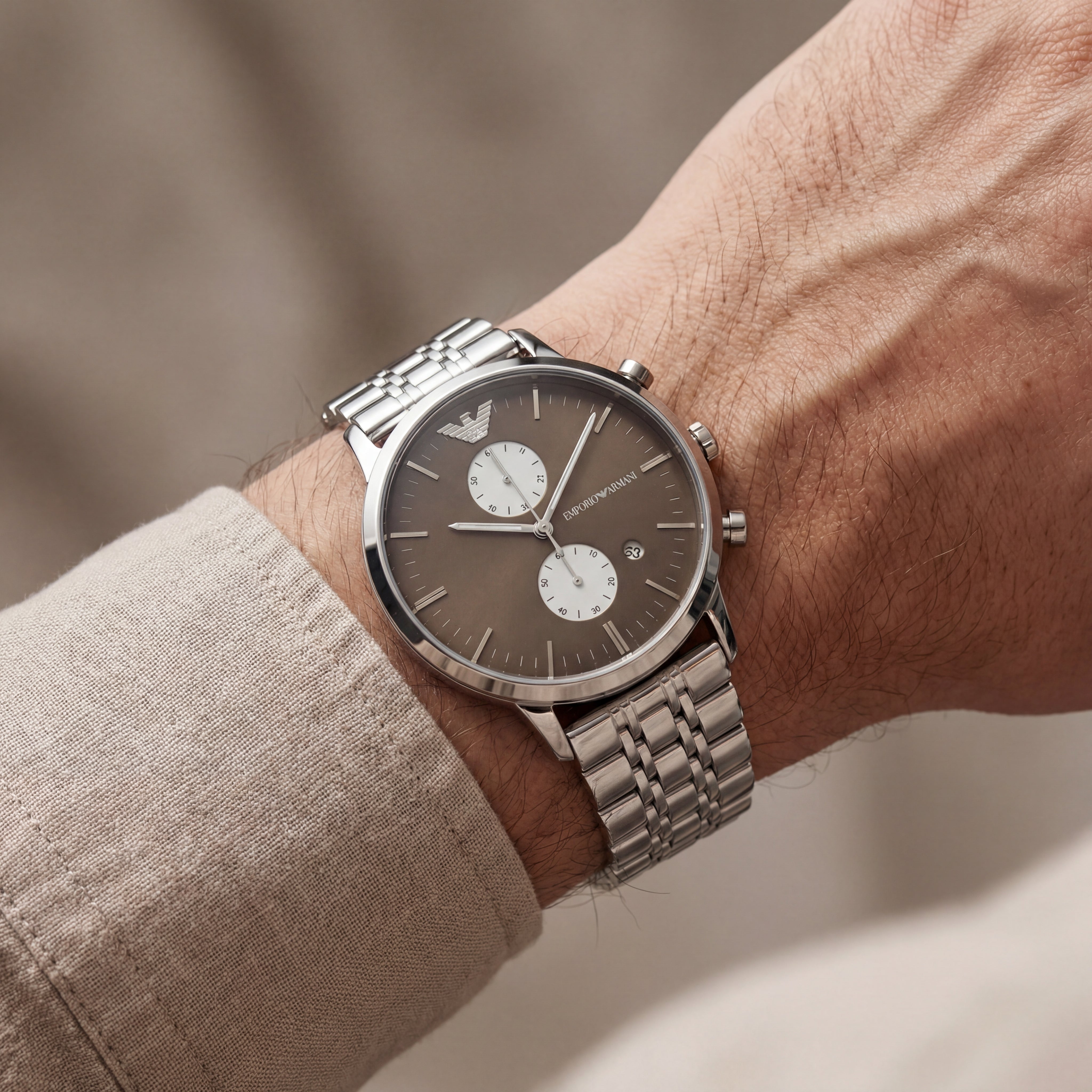 Silver Stainless Steel Chronograph Men’s Watch with Mocha Brown Dial