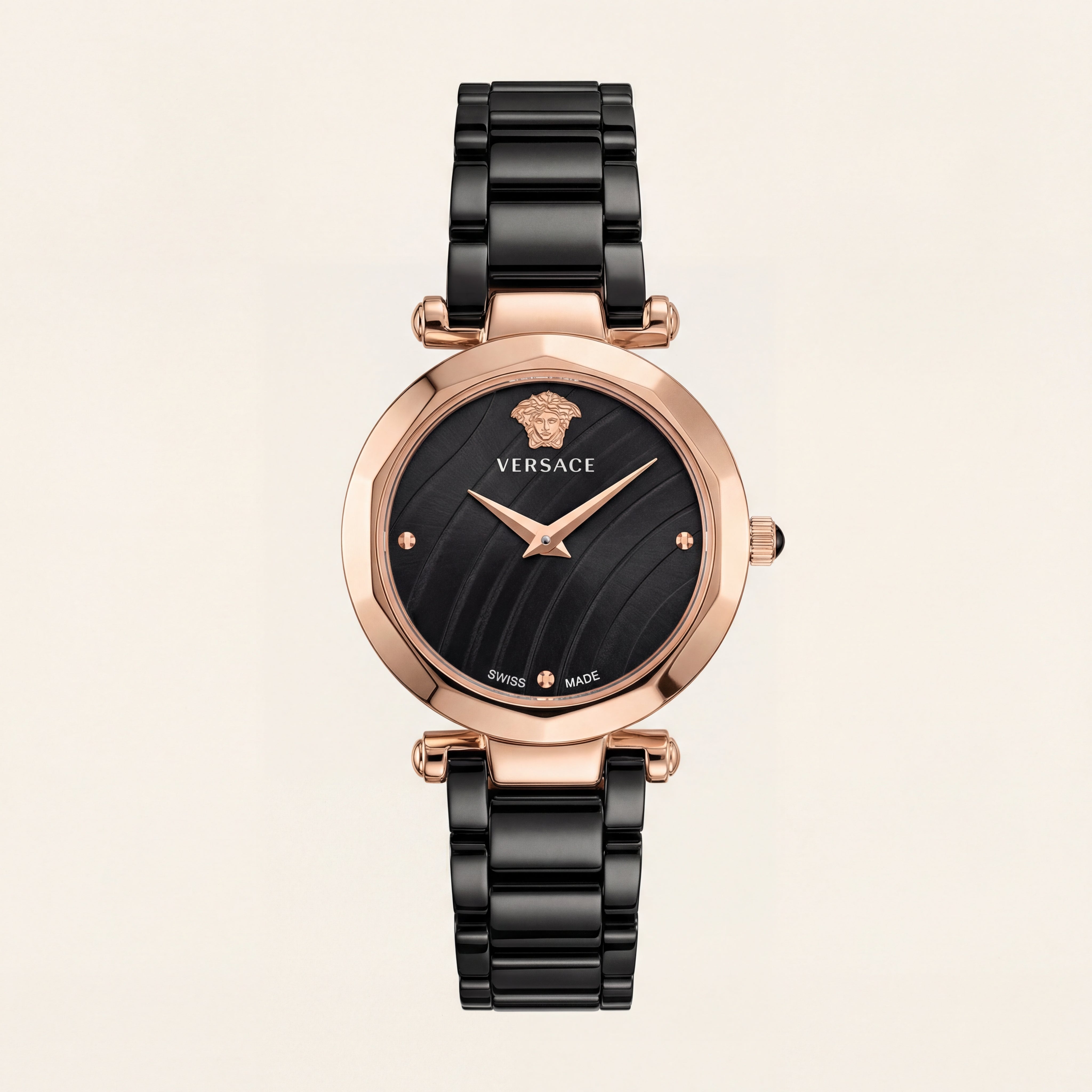 Rose Gold Case Black Textured Dial Luxury Medusa Bracelet Watch – Women