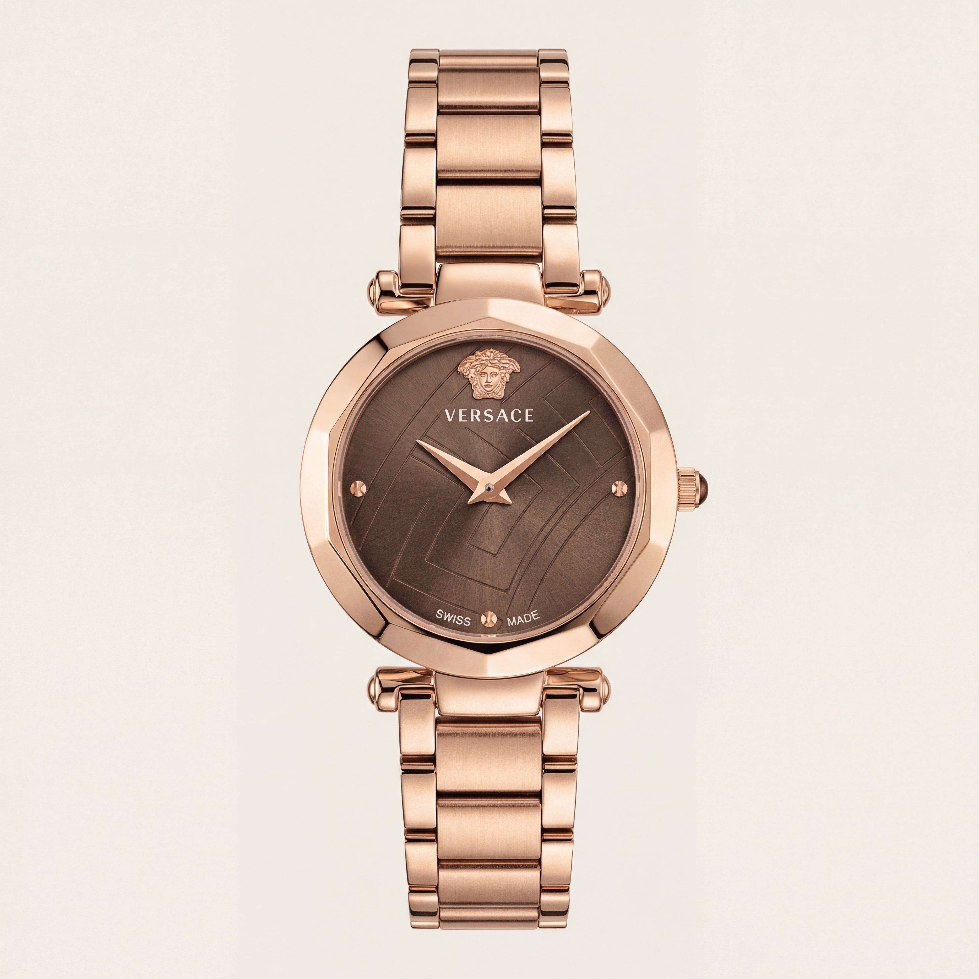 Rose Gold Stainless Steel Case Brown Textured Dial Luxury Medusa Bracelet Watch – Women