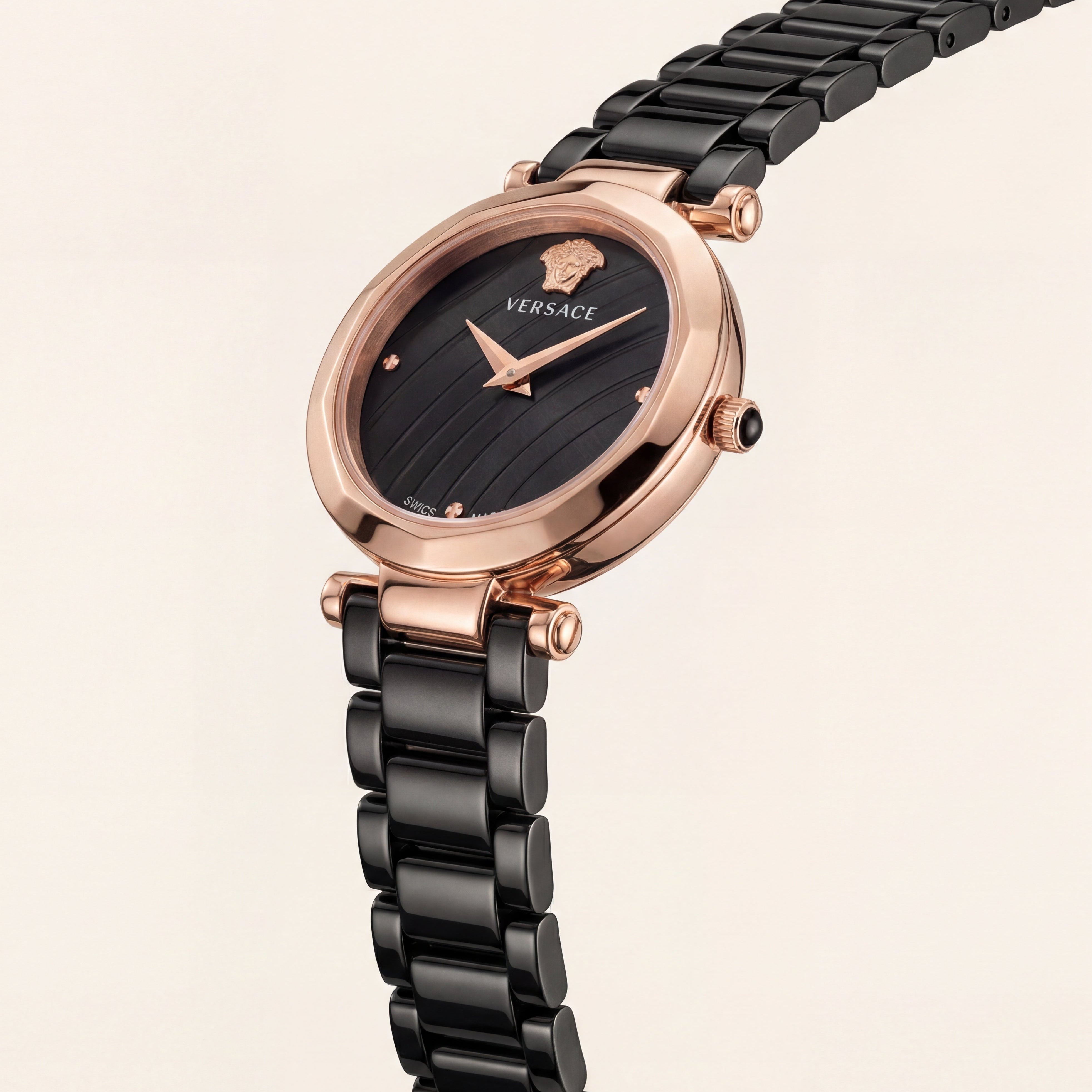 Rose Gold Case Black Textured Dial Luxury Medusa Bracelet Watch – Women