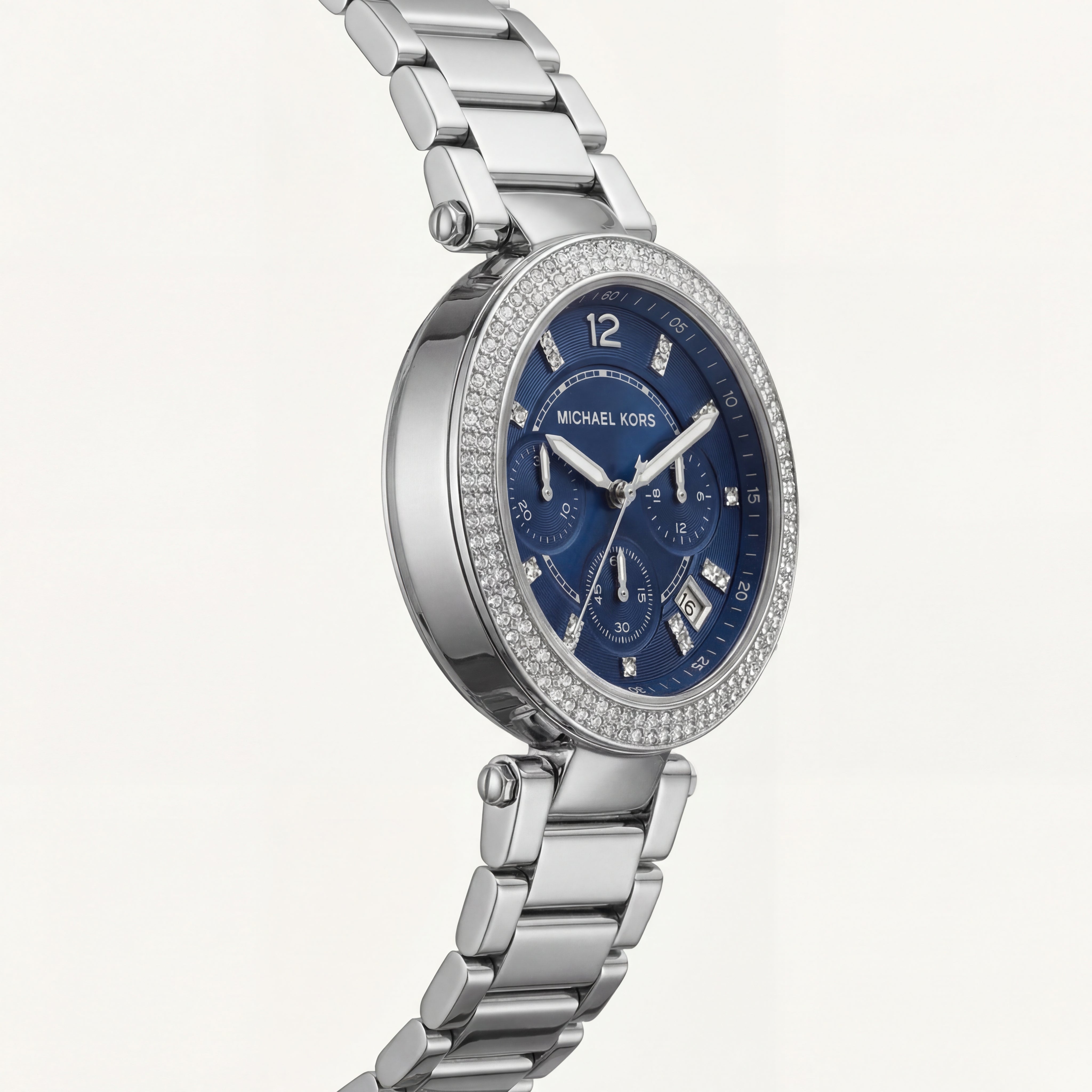Silver Crystal Bezel Blue Chronograph Multi-Dial Bracelet Watch