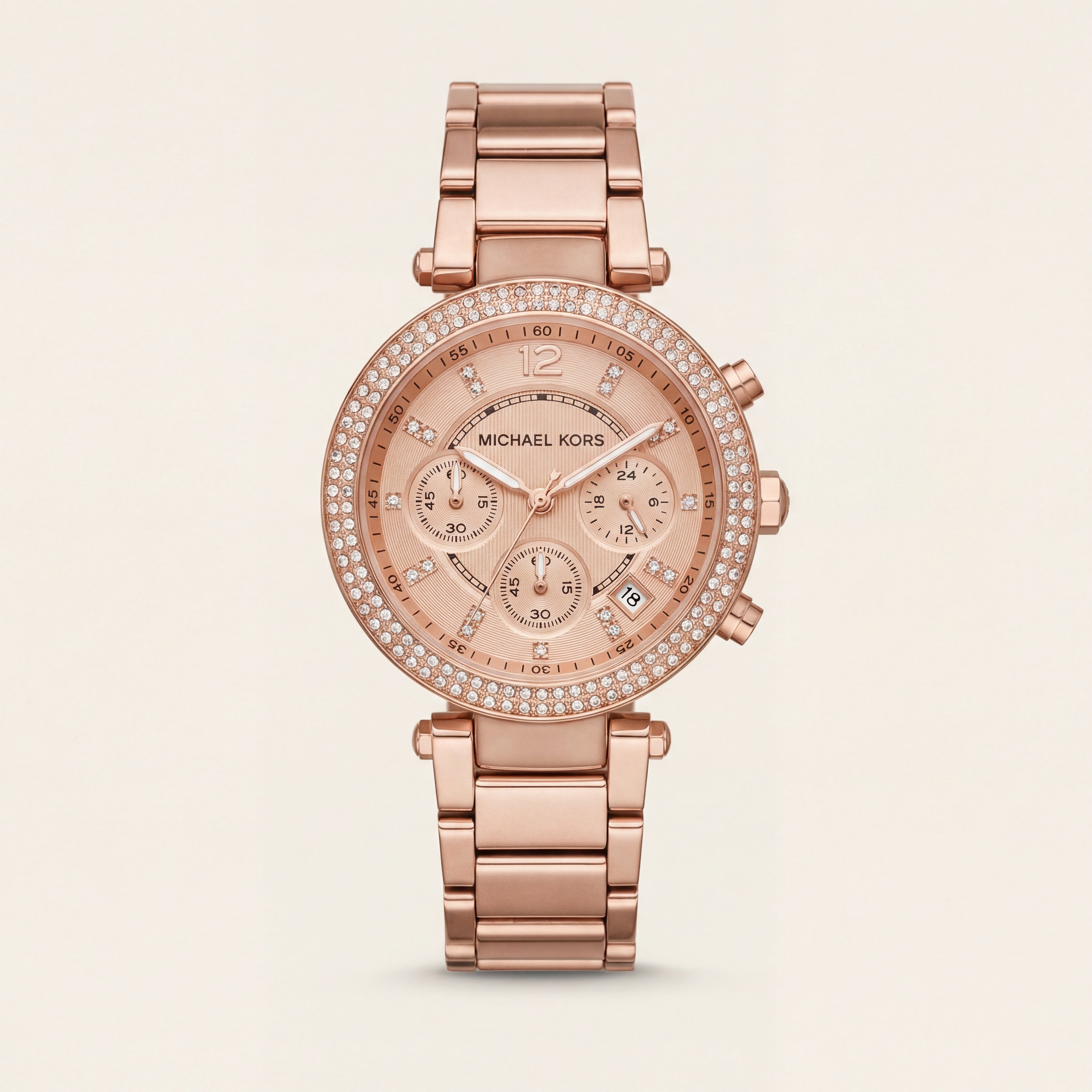 Rose Gold Crystal Bezel Chronograph Multi-Dial Bracelet Watch
