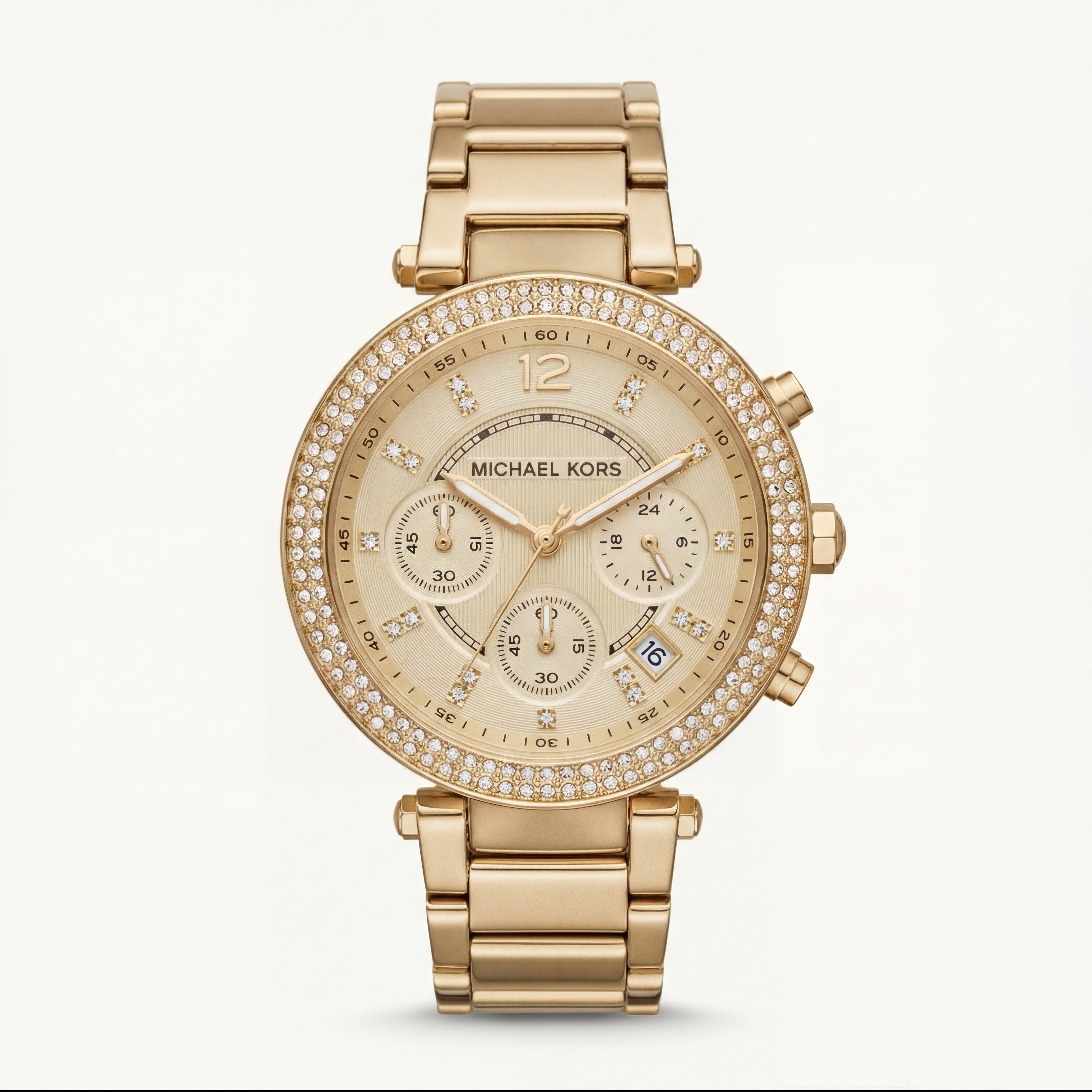 Gold Tone Crystal Bezel Champagne Dial Chronograph Bracelet Watch