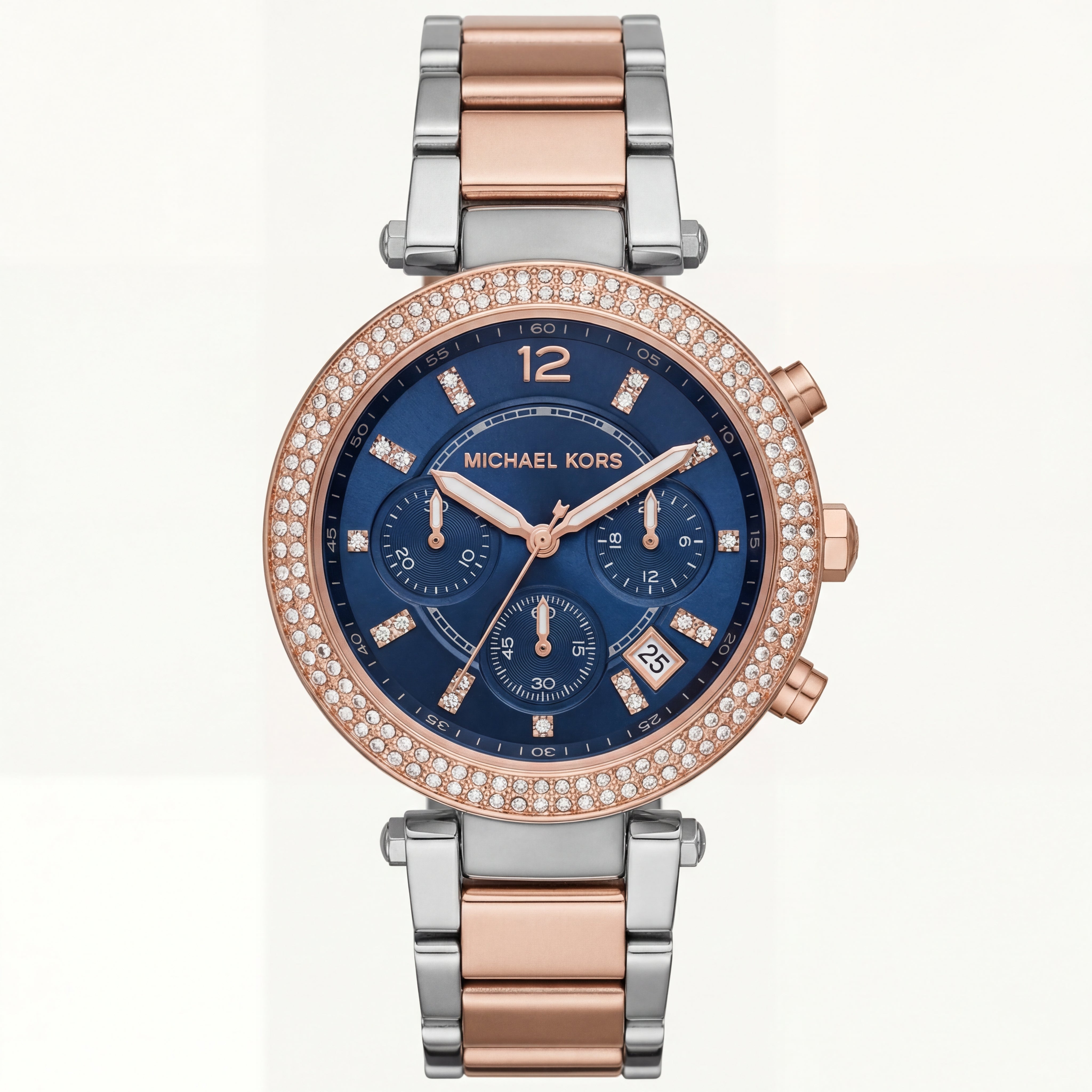 Two-Tone Rose Gold & Silver Crystal Bezel Blue Dial Chronograph Bracelet Watch