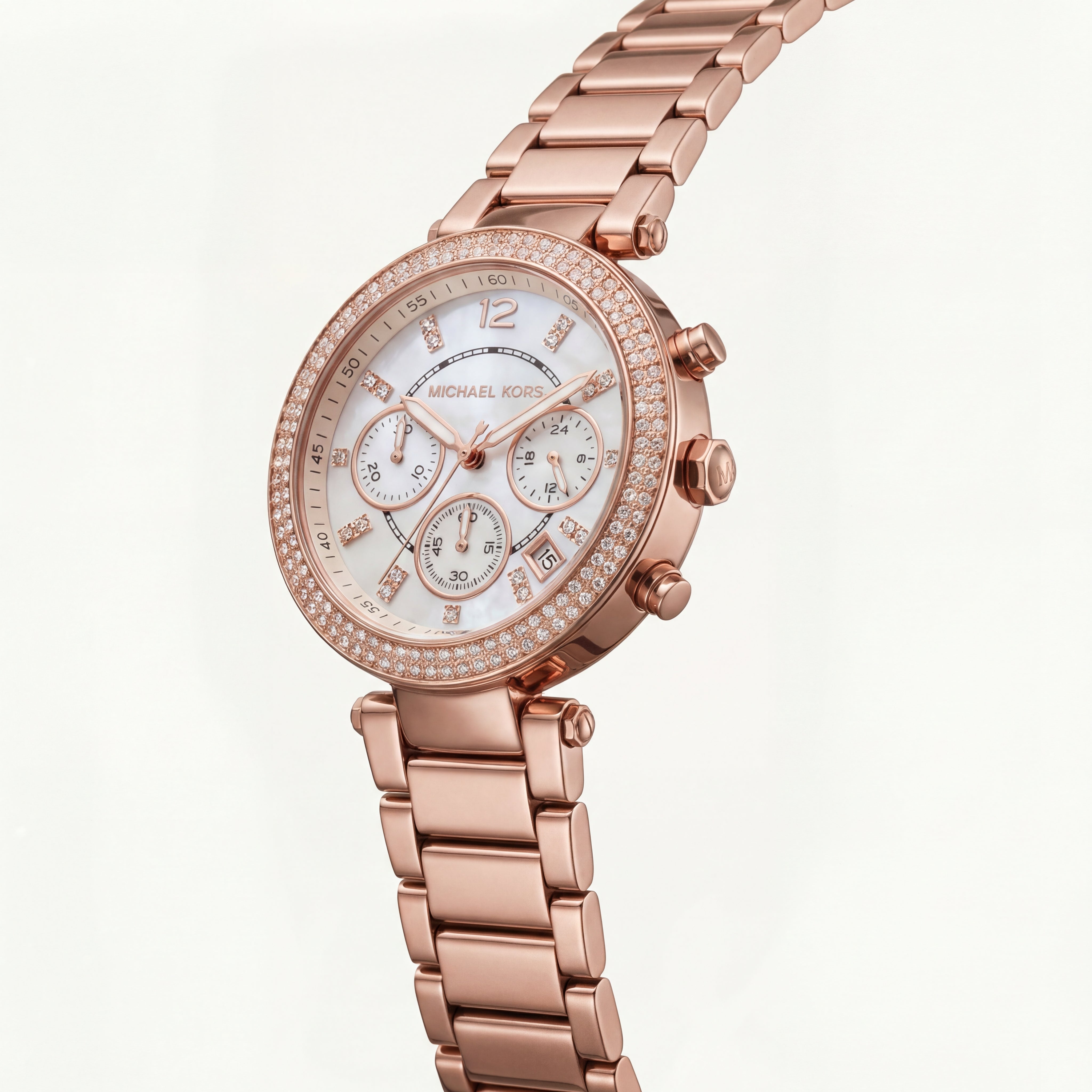Rose Gold Crystal Bezel Mother-of-Pearl Chronograph Bracelet Watch