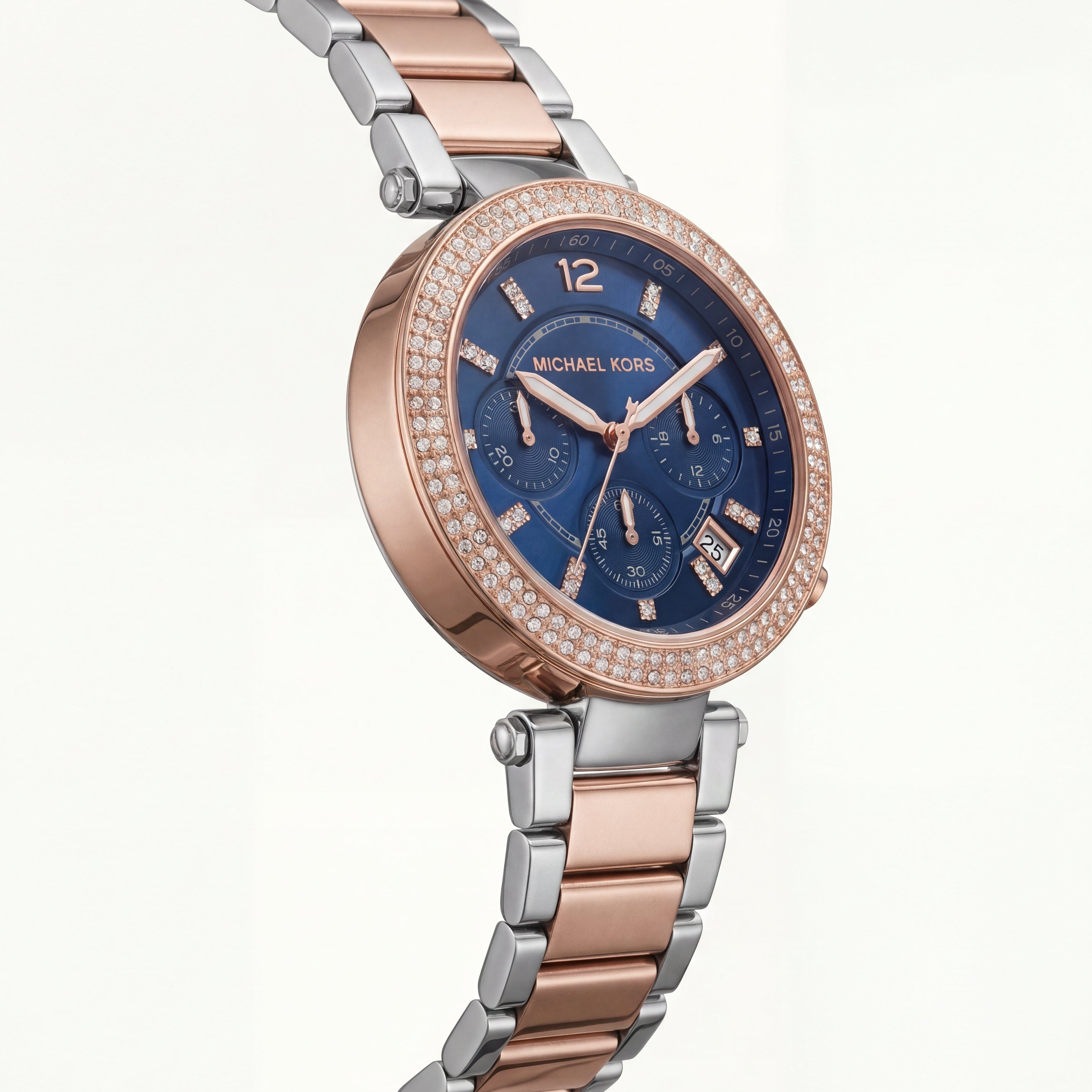 Two-Tone Rose Gold & Silver Crystal Bezel Blue Dial Chronograph Bracelet Watch