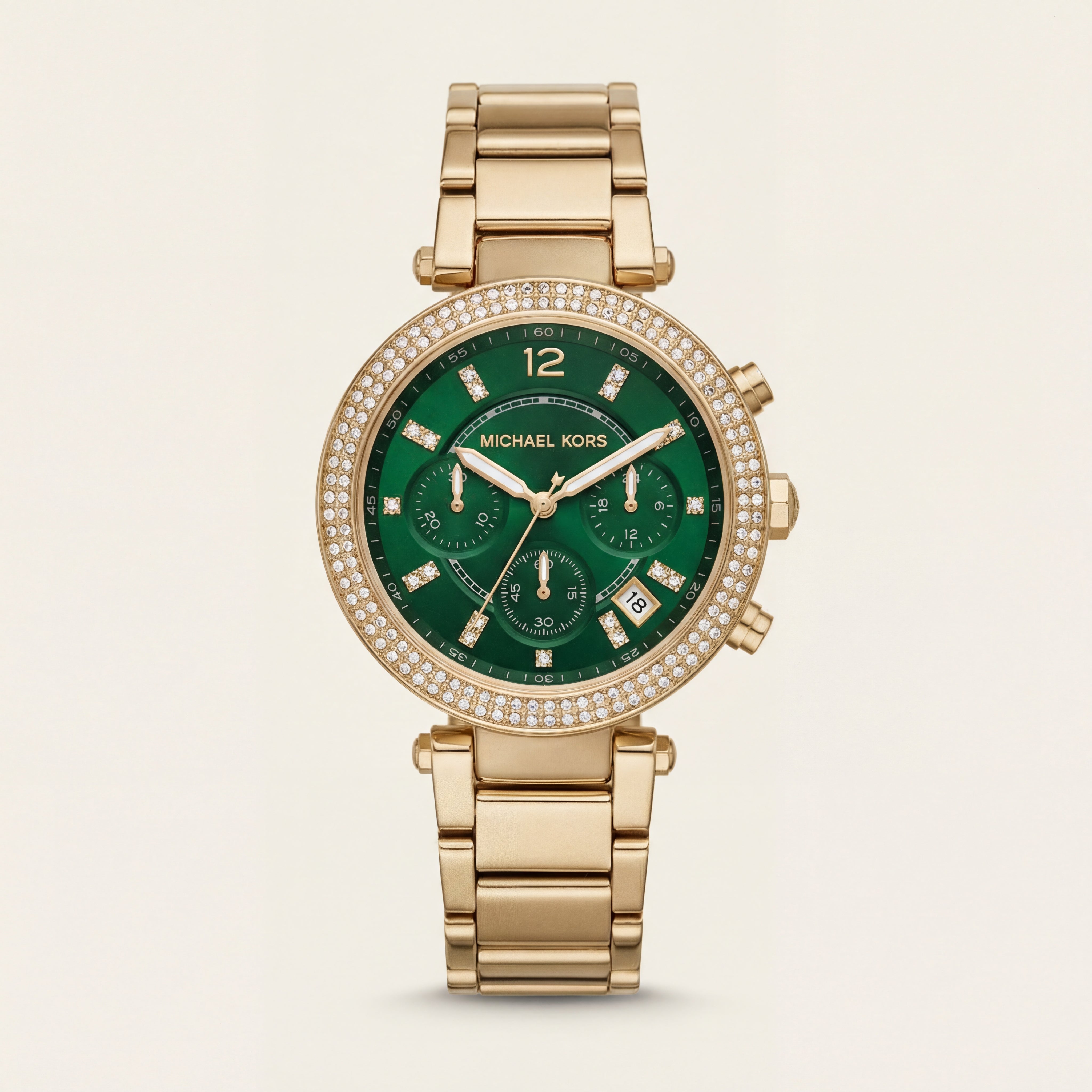 Gold Crystal Bezel Emerald Green Dial Chronograph Bracelet Watch