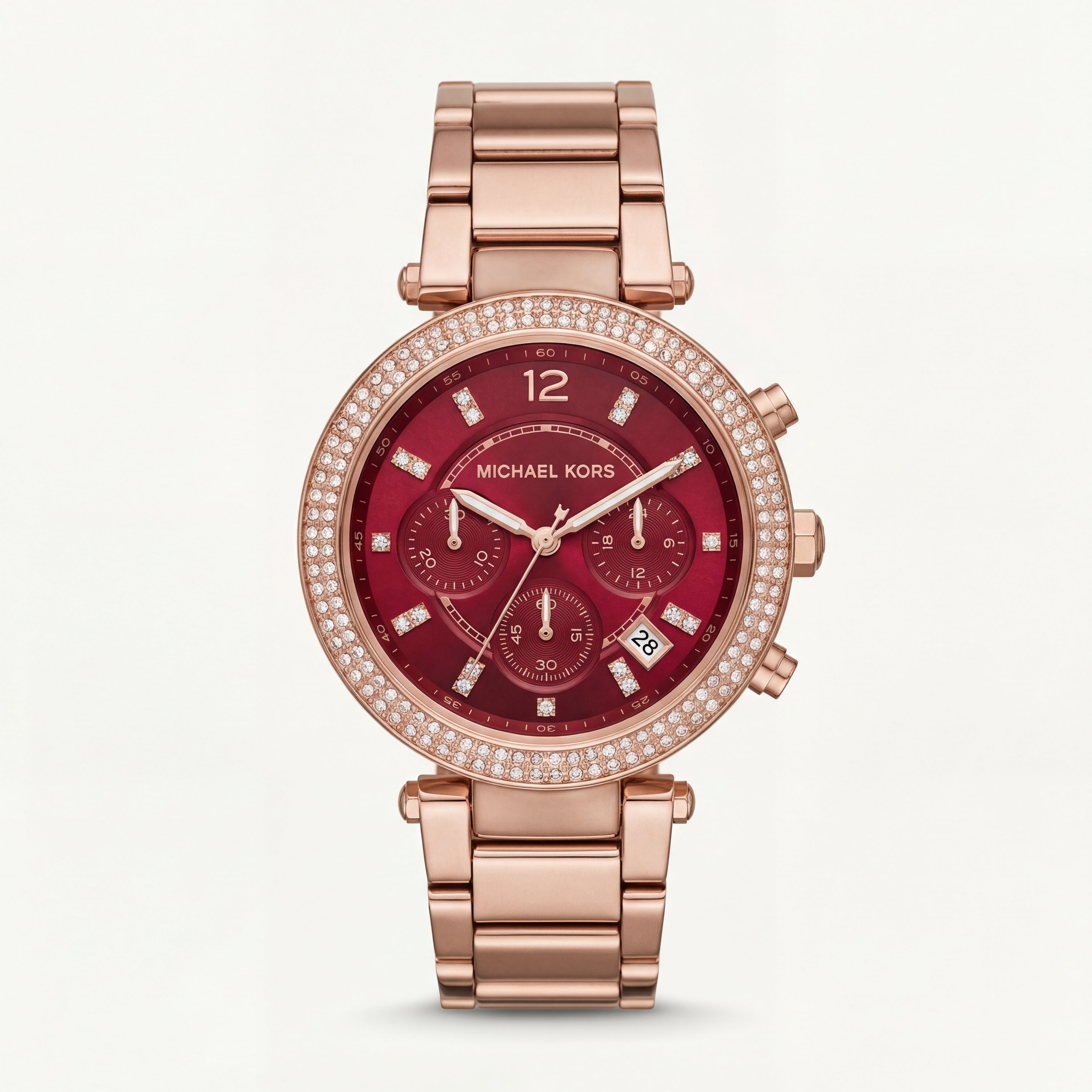 Rose Gold Crystal Bezel Ruby Red Dial Chronograph Bracelet Watch