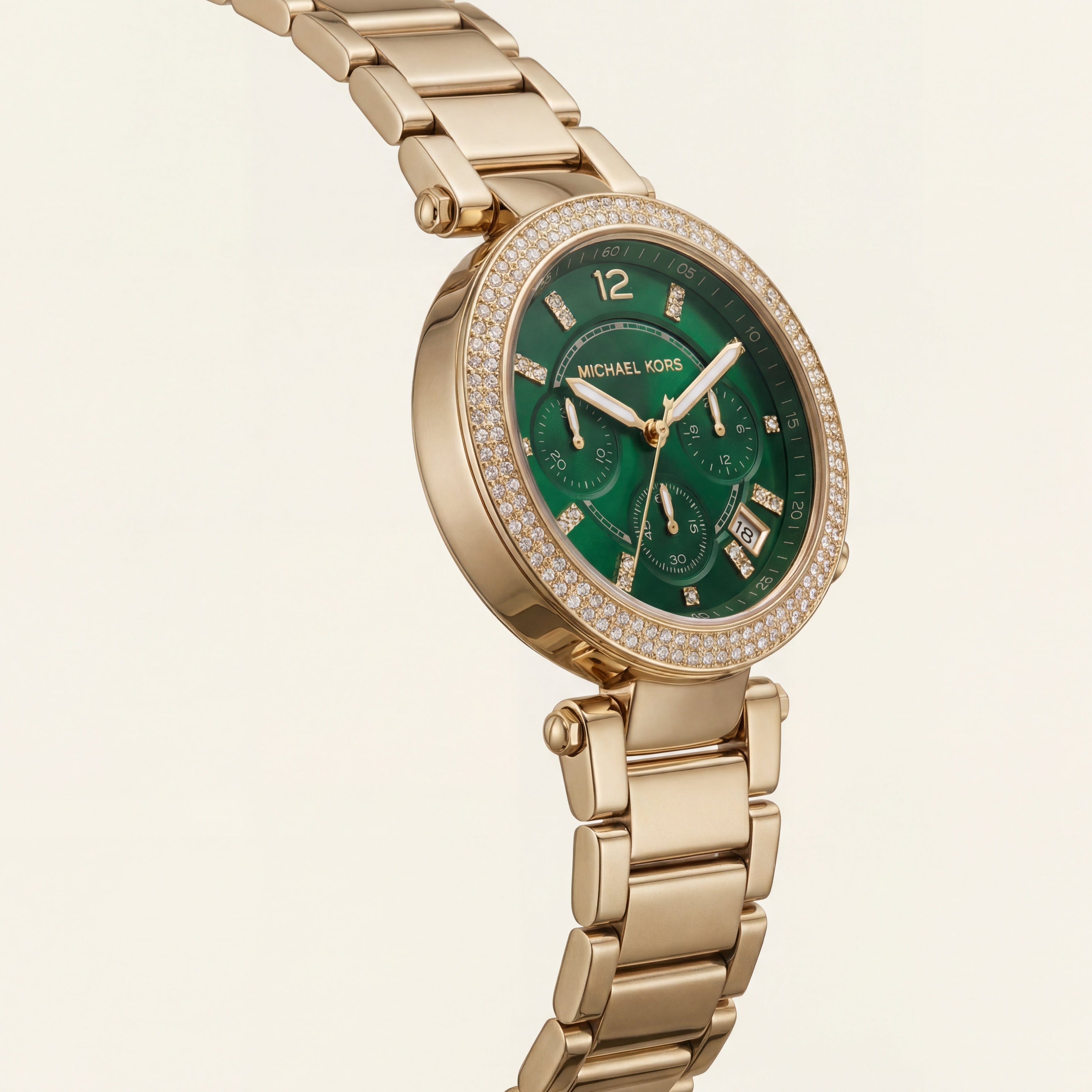 Gold Crystal Bezel Emerald Green Dial Chronograph Bracelet Watch