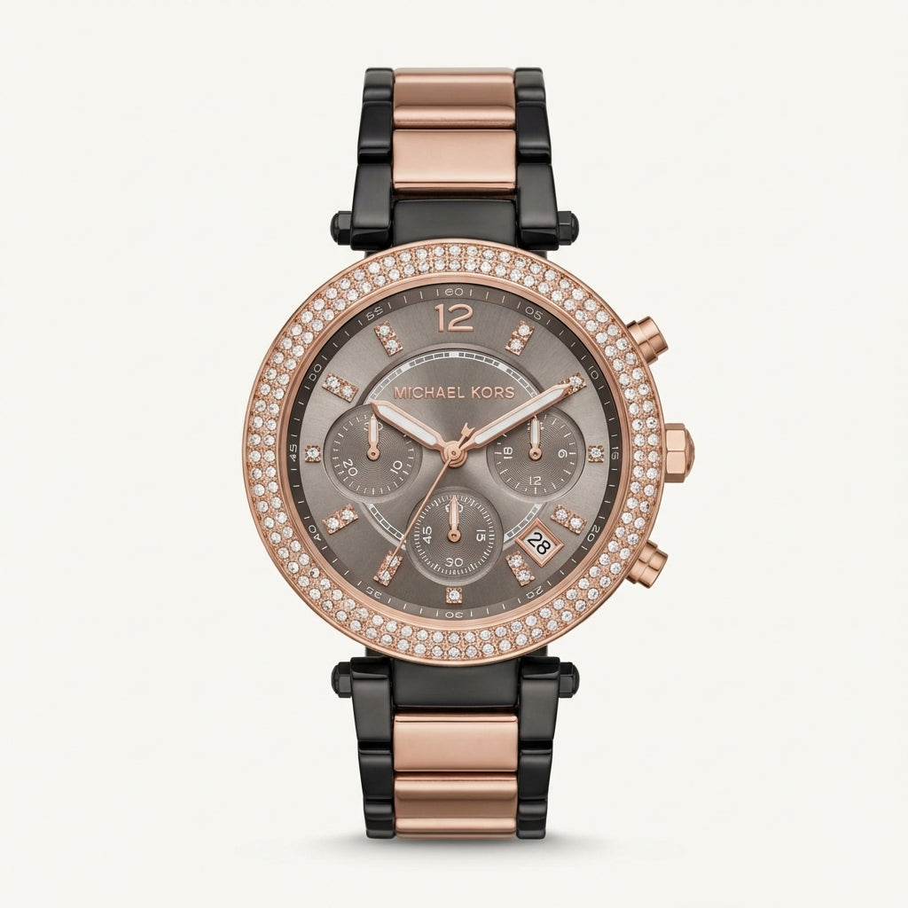Rose Gold Crystal Bezel Smoke Grey Dial Two-Tone Chronograph Watch