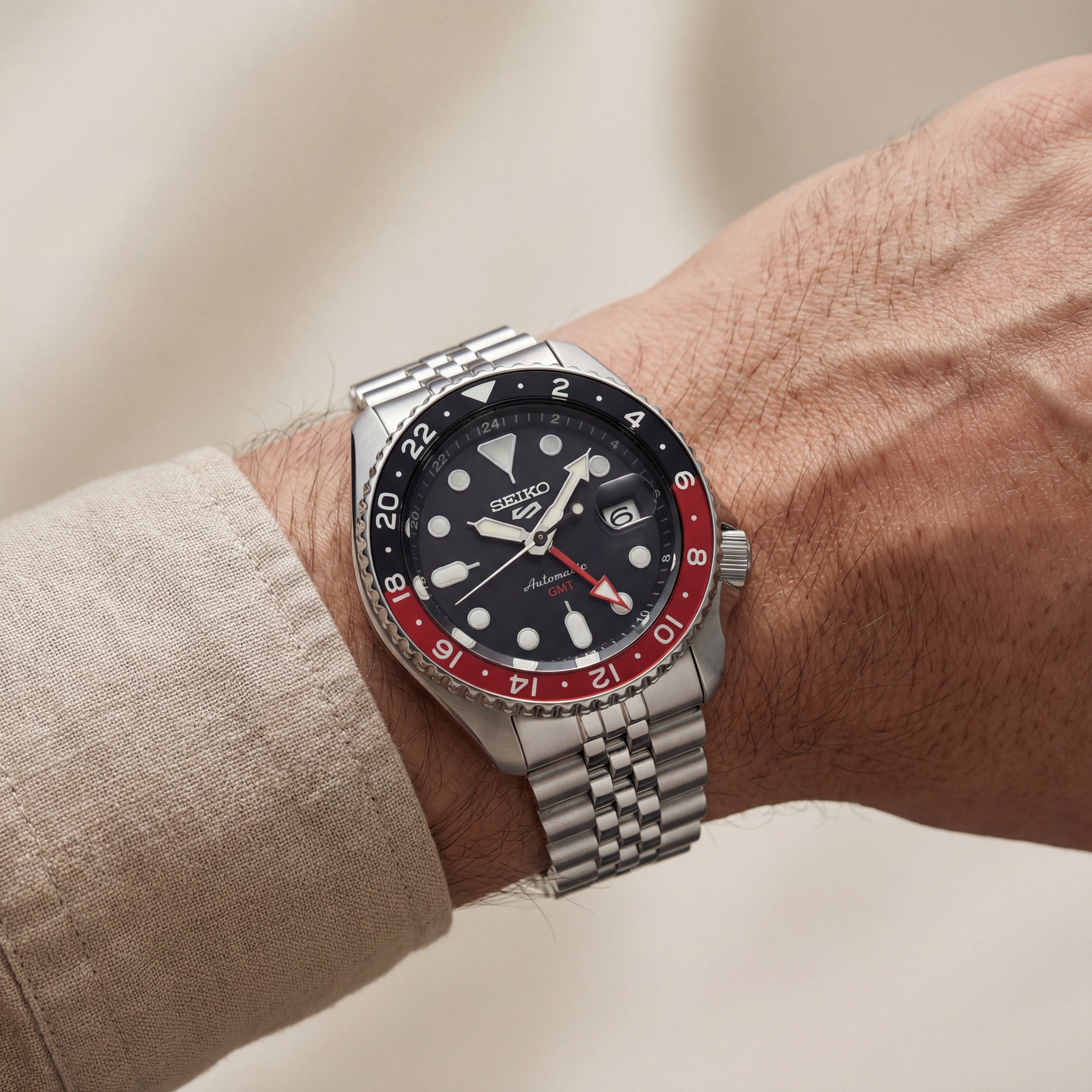 Black Dial Red-Black GMT Steel Watch