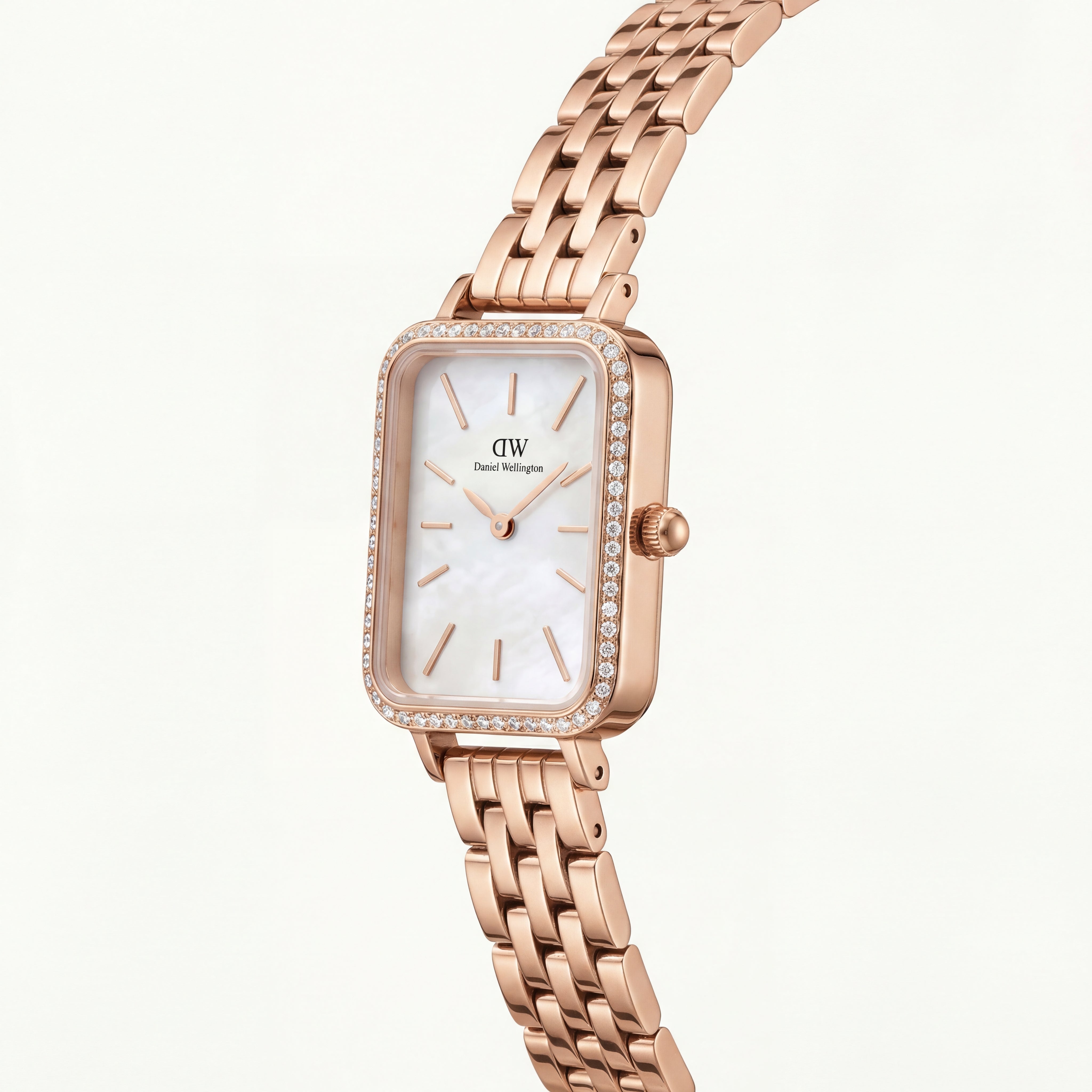 Pearl Rectangle Crystal Watch – Rose Gold Elegance Edition