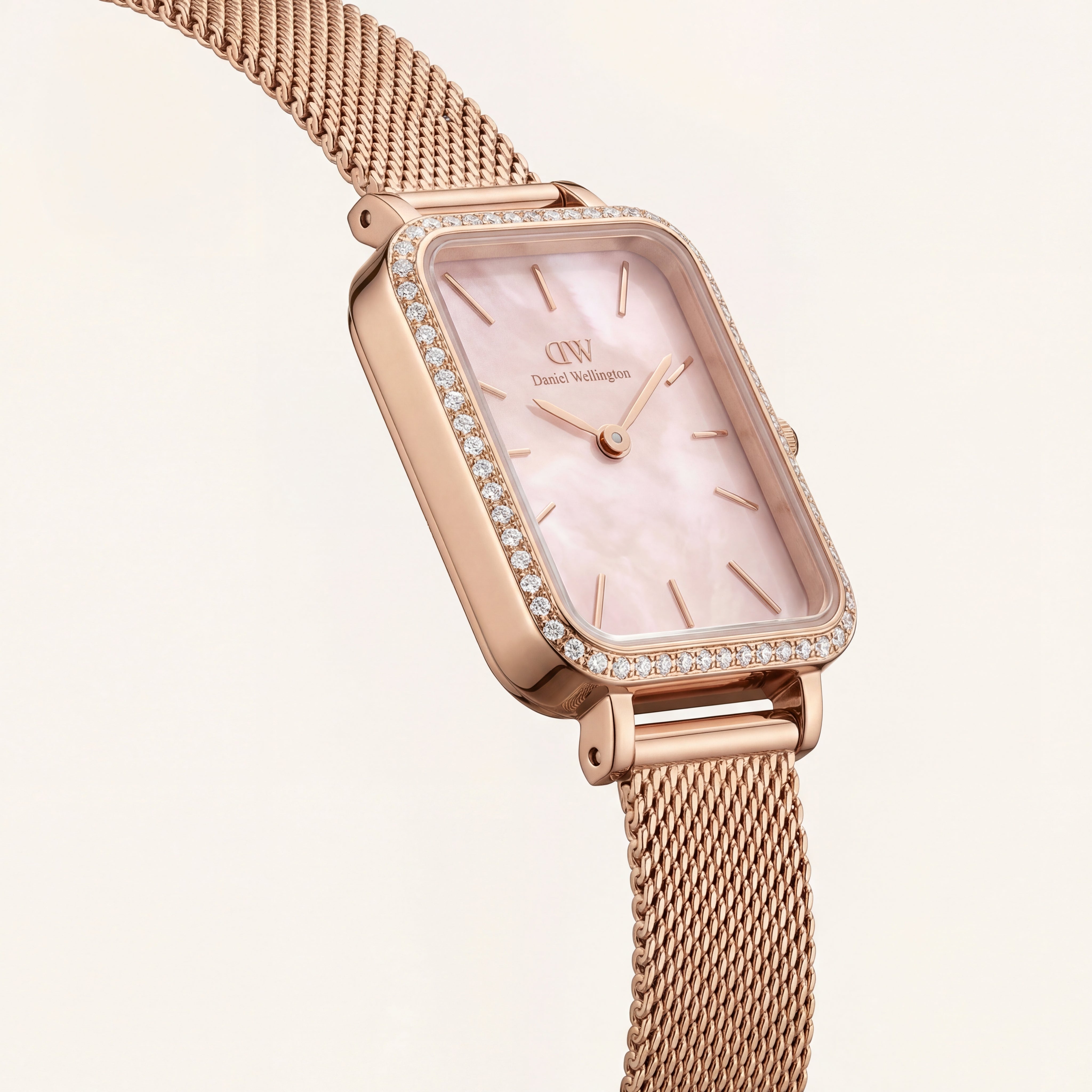 Blush Pearl Mesh Rectangle Watch – Rose Gold Crystal Edition
