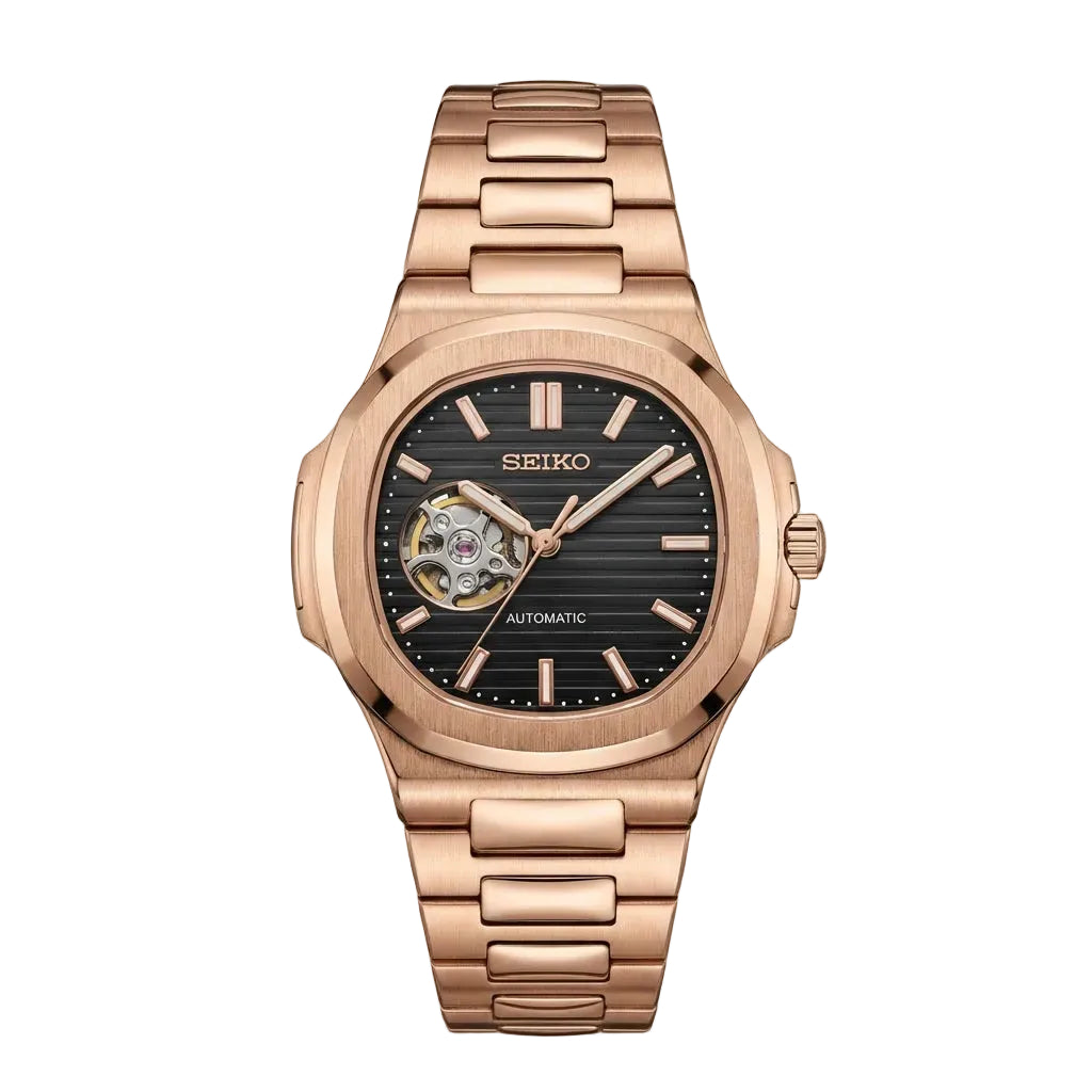 Rose Gold Black Dial Open-Heart Automatic Watch