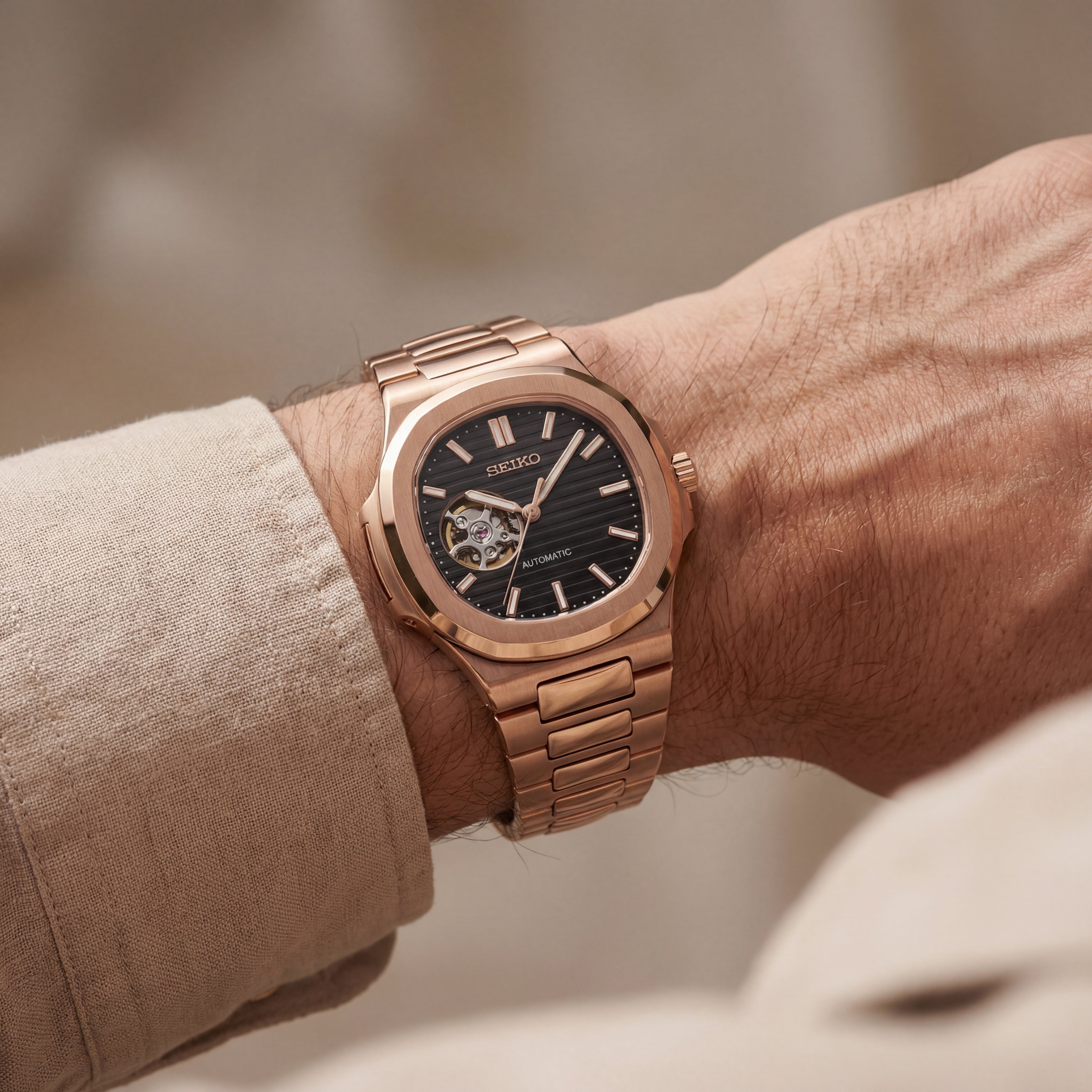 Rose Gold Black Dial Open-Heart Automatic Watch