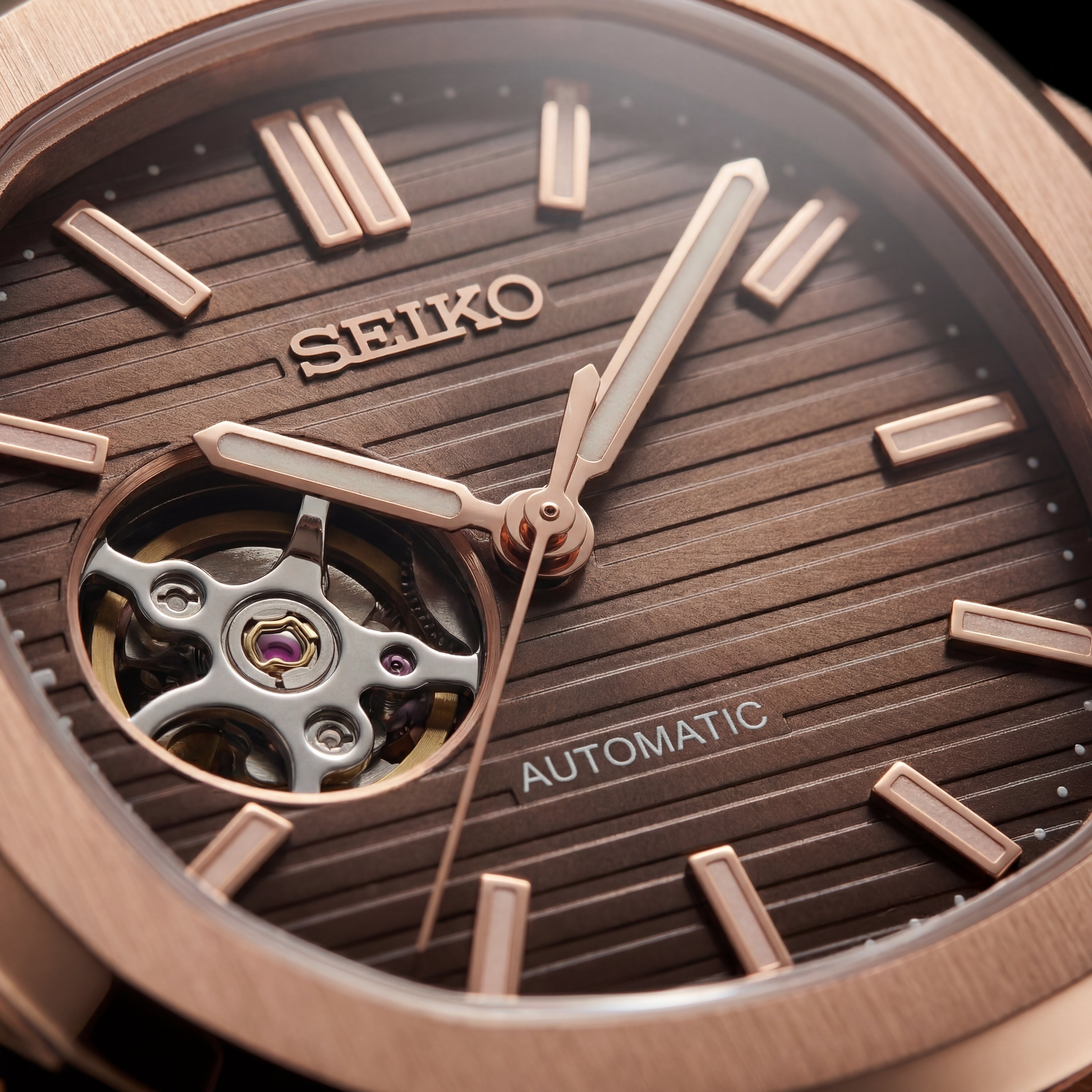 Rose Gold Brown Dial Open-Heart Automatic Watch
