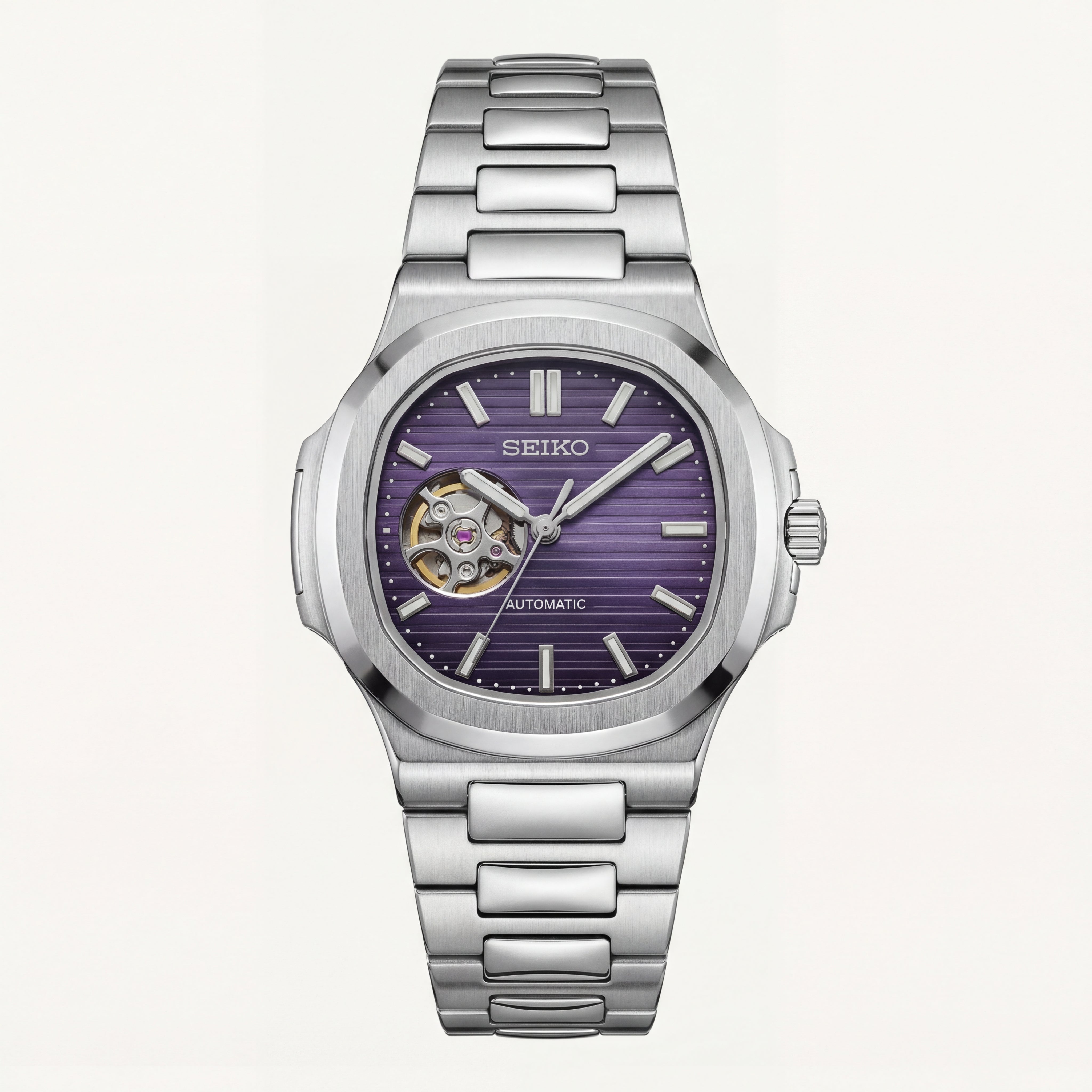 Silver Purple Dial Open-Heart Automatic Steel Watch