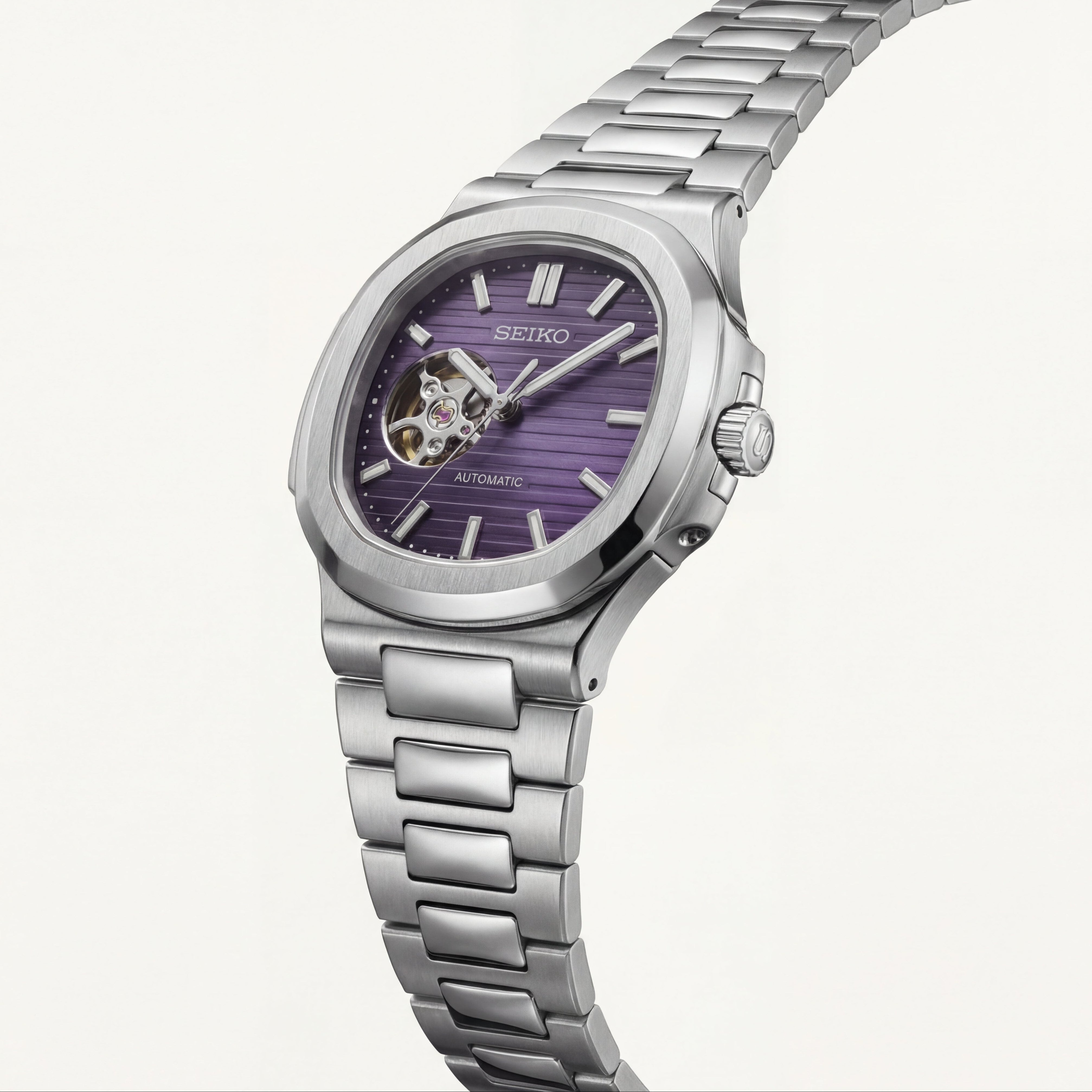 Silver Purple Dial Open-Heart Automatic Steel Watch