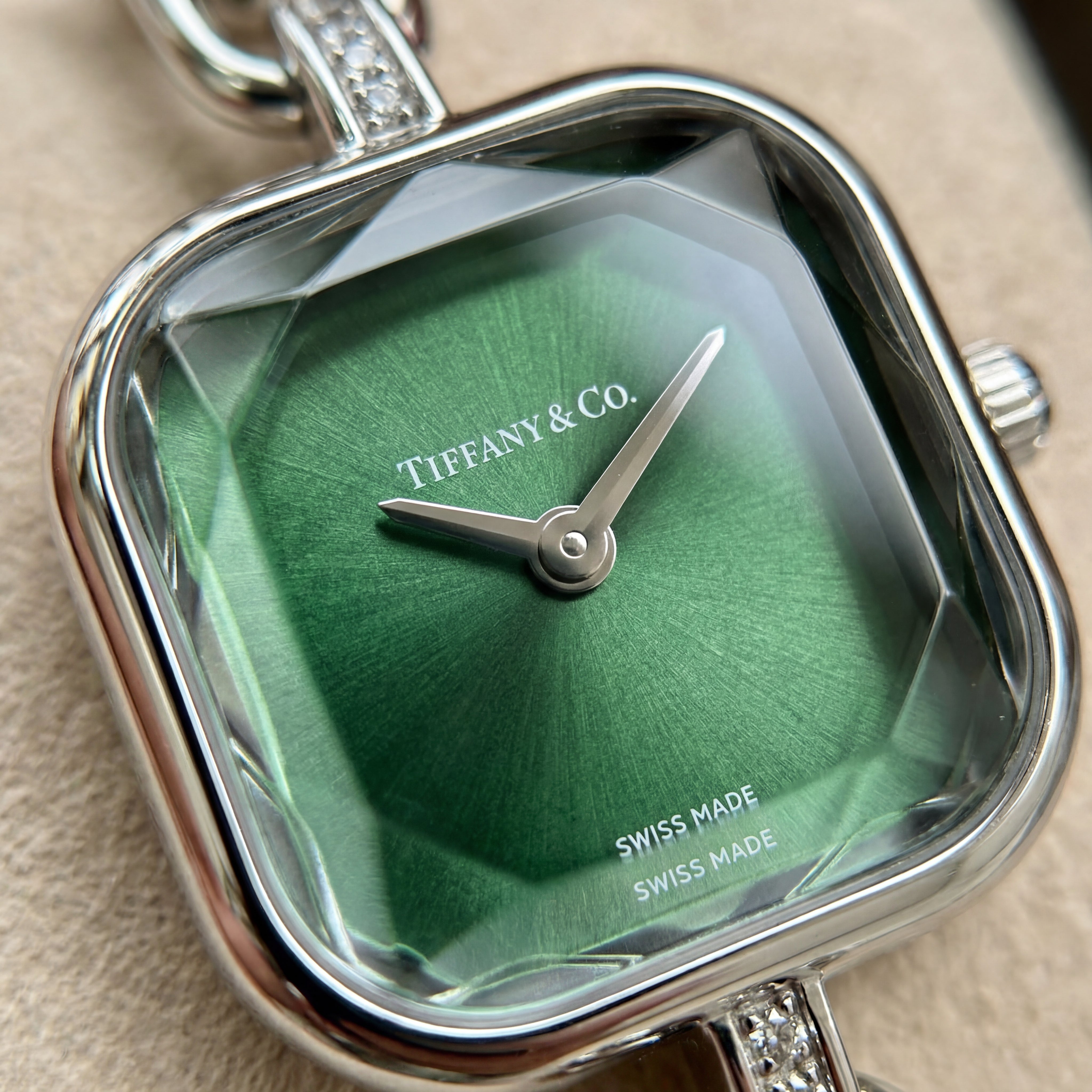 Silver Square Case Emerald Faceted Dial Jewelry Bracelet Watch – Women