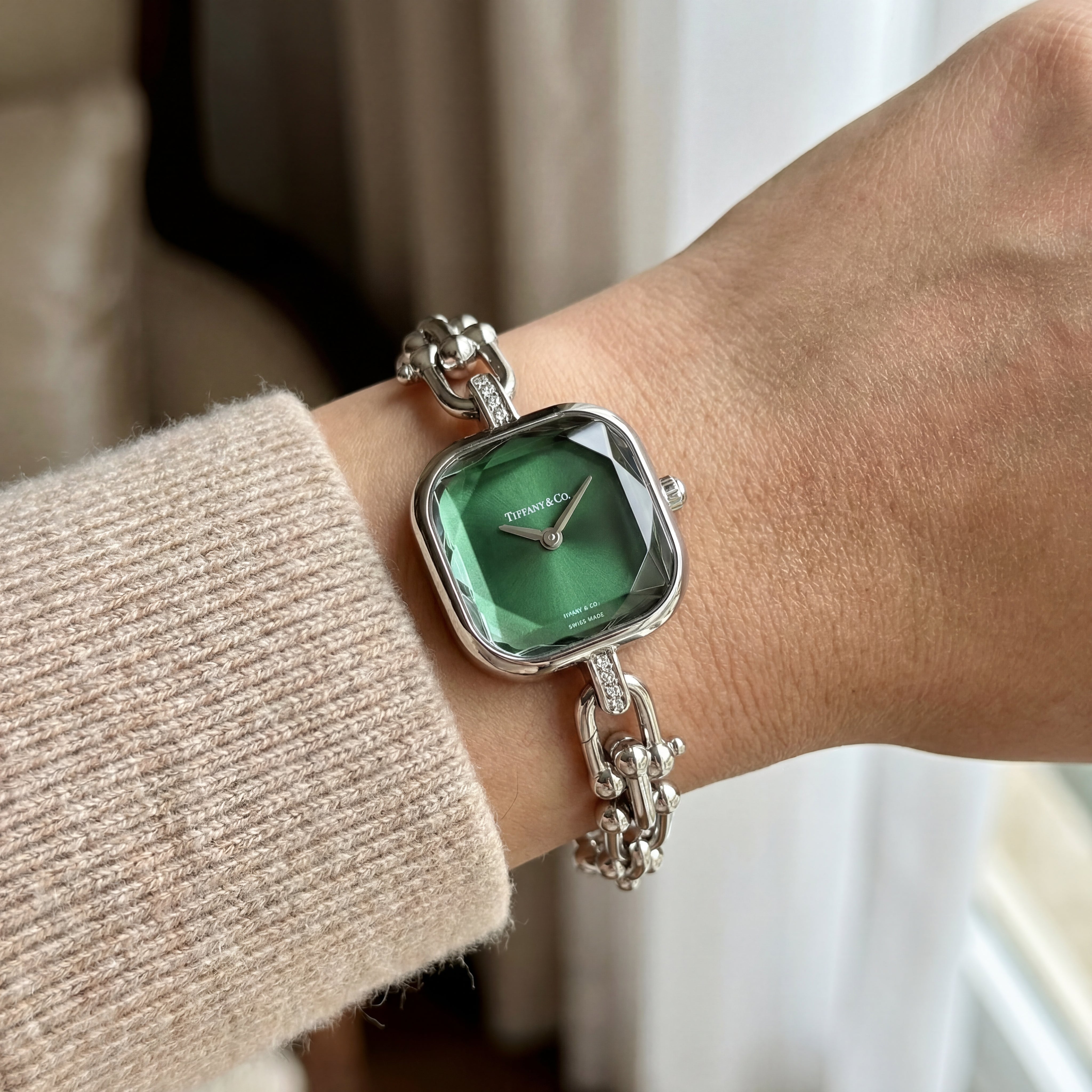 Silver Square Case Emerald Faceted Dial Jewelry Bracelet Watch – Women