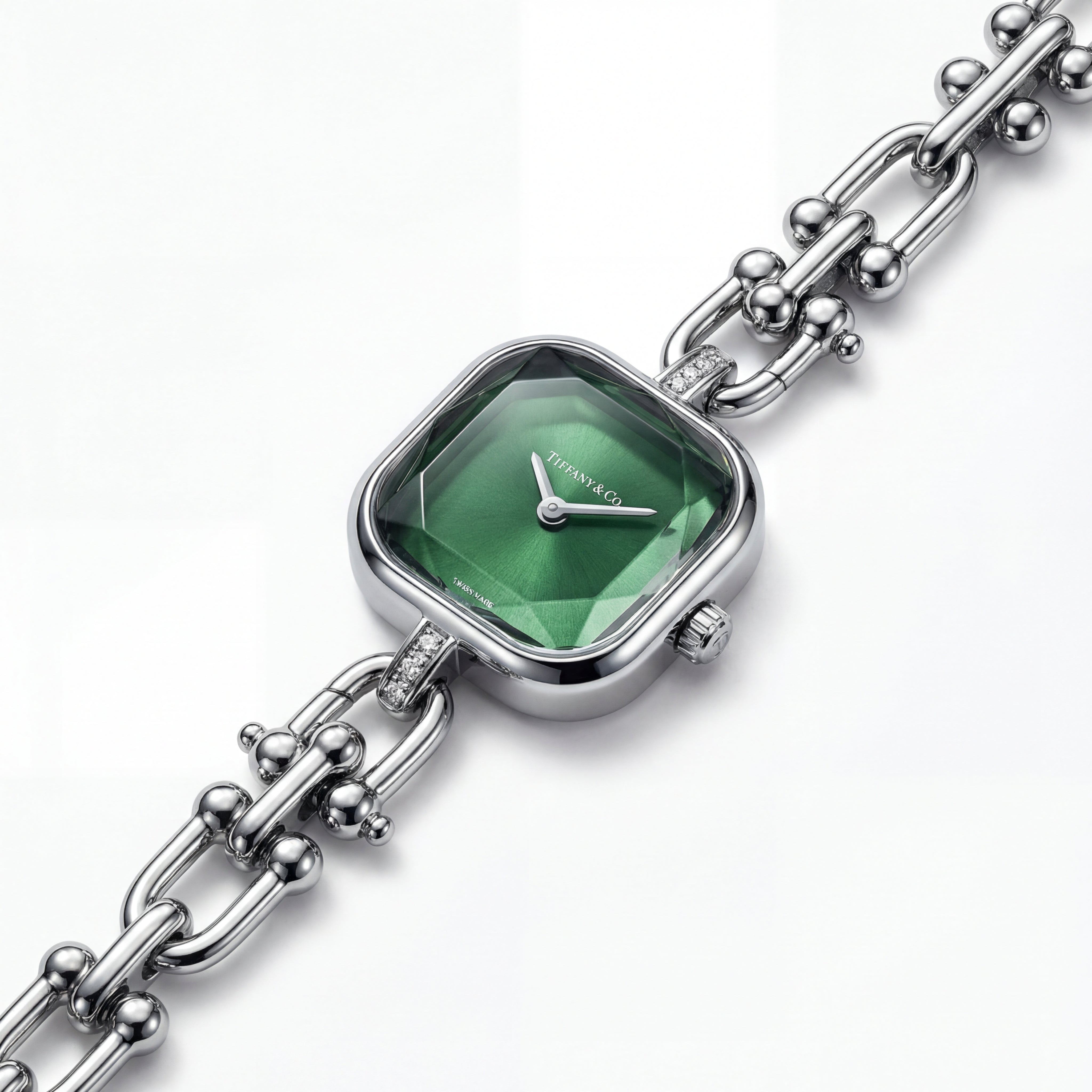 Silver Square Case Emerald Faceted Dial Jewelry Bracelet Watch – Women
