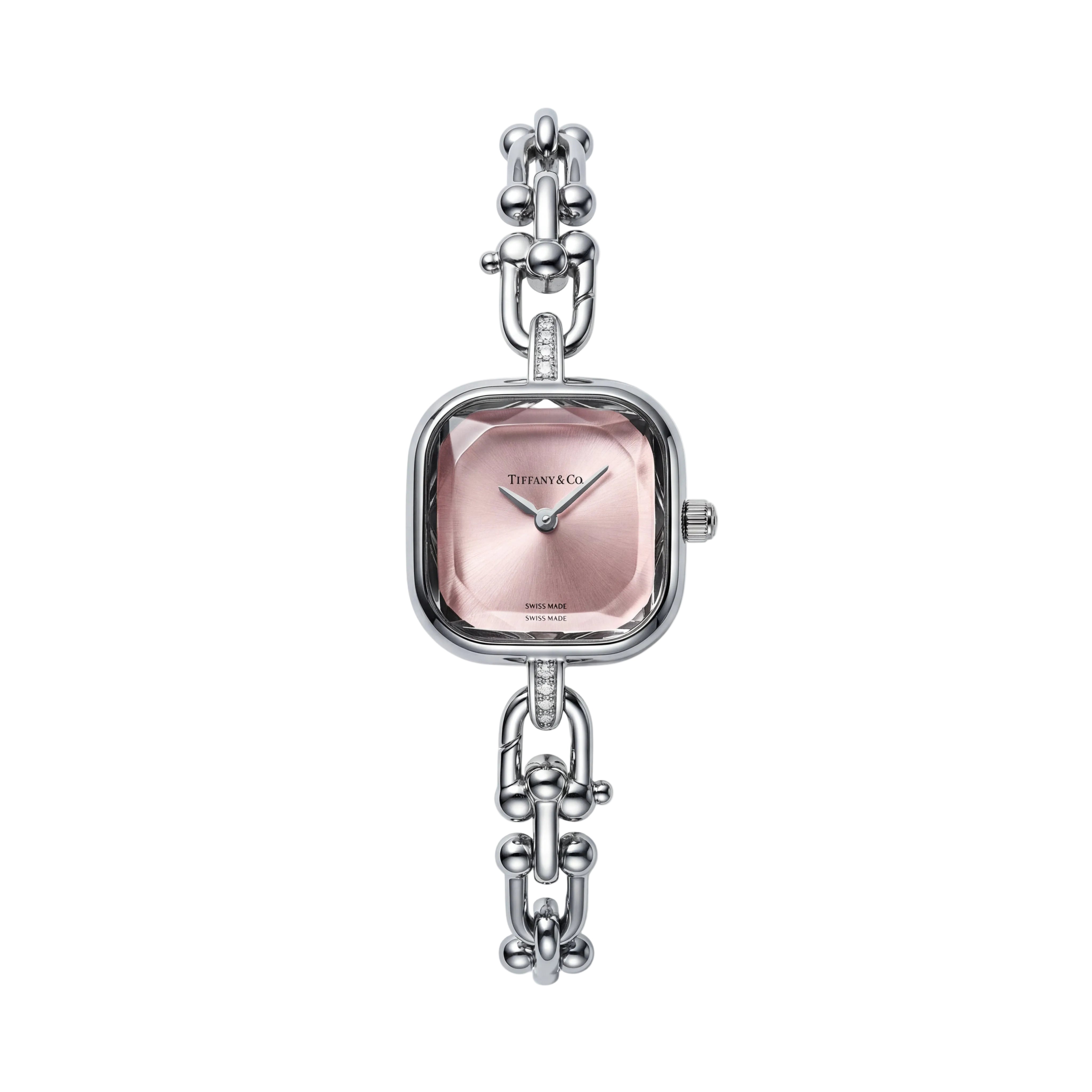 Silver Square Case Rose Pink Faceted Dial Jewelry Bracelet Watch – Women