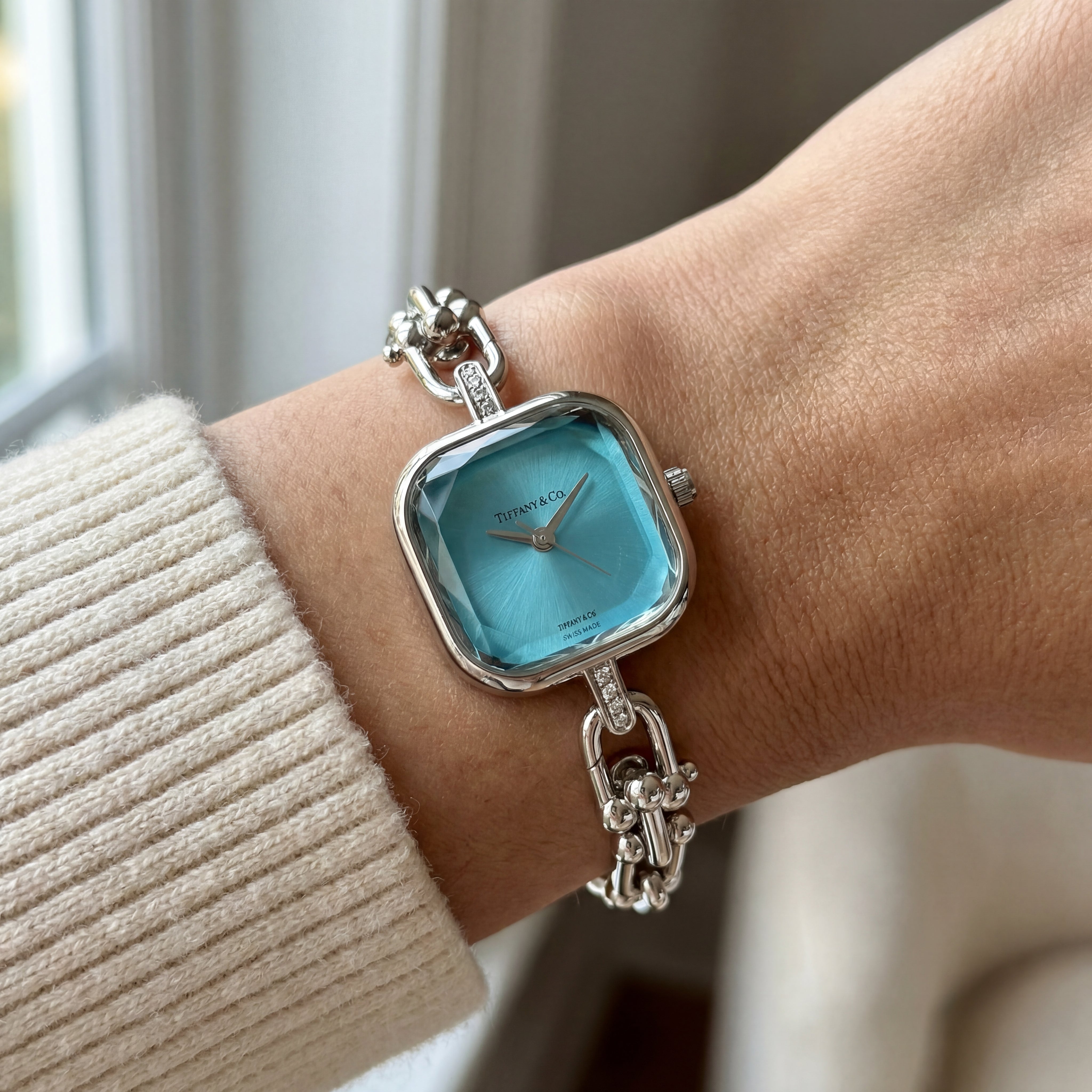 Silver Square Case Turquoise Sunray Dial Luxury Bracelet Watch – Women