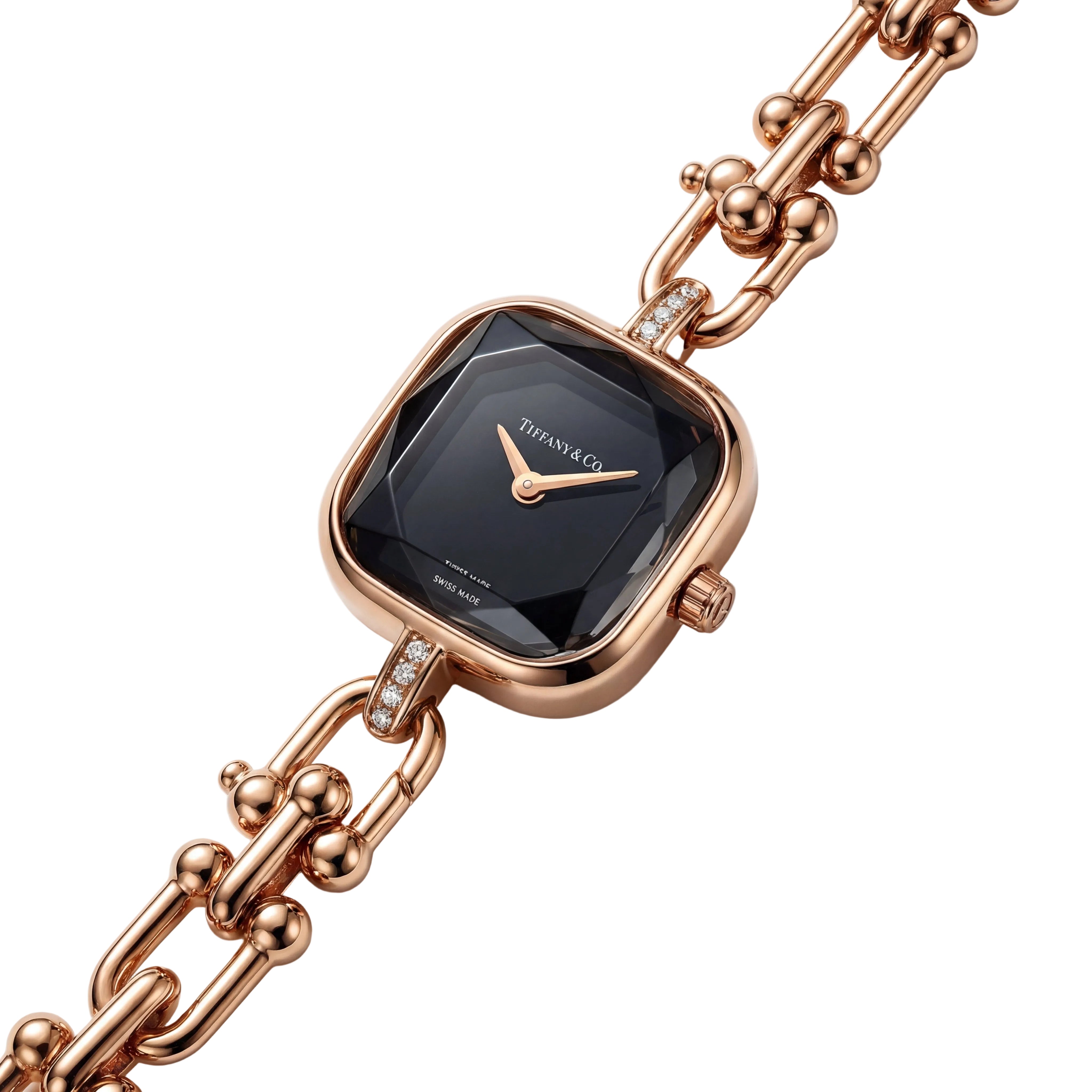 Rose Gold Square Case Black Faceted Dial Jewelry Bracelet Watch – Women