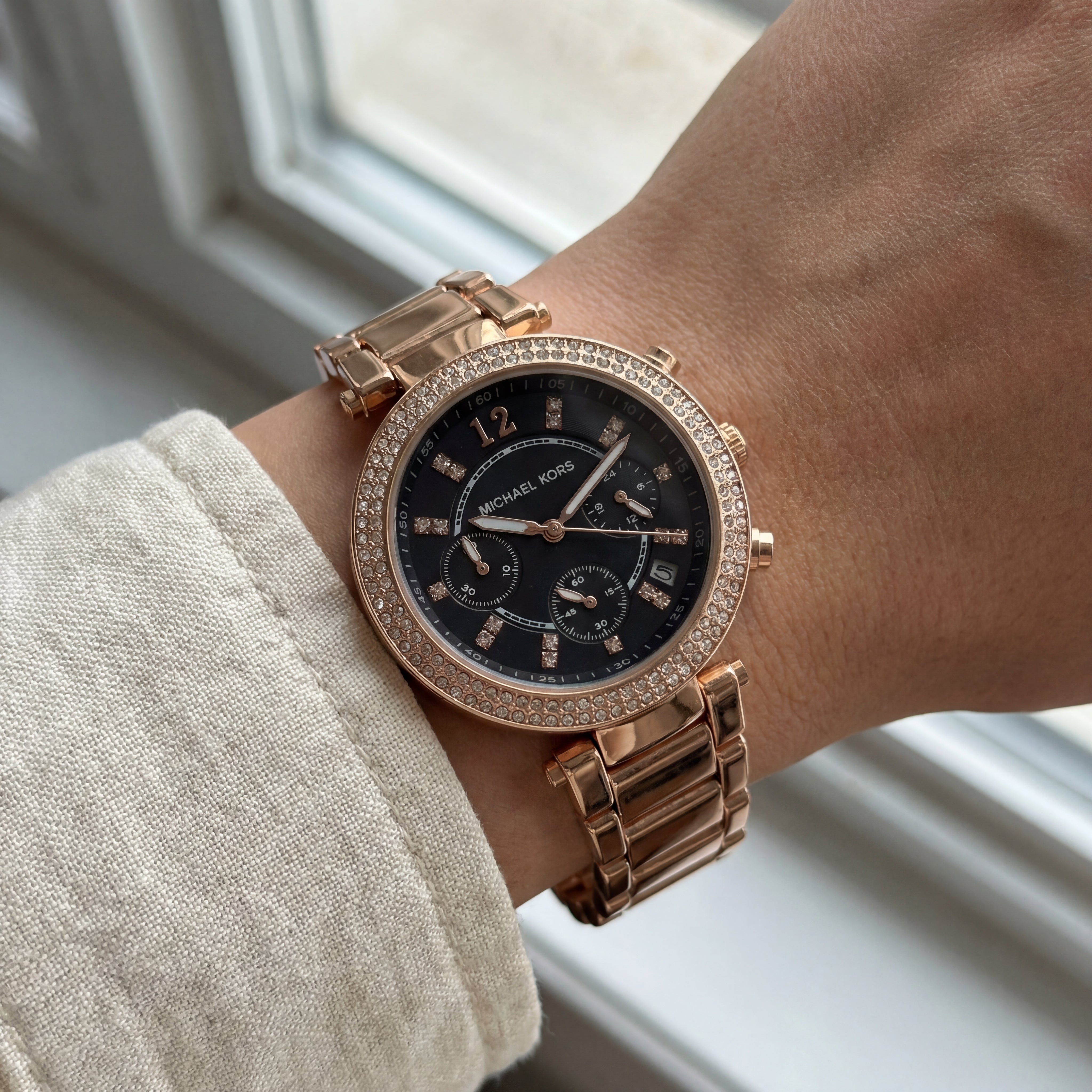 Rose Gold Crystal Bezel Black Chronograph Luxury Bracelet Watch – Women