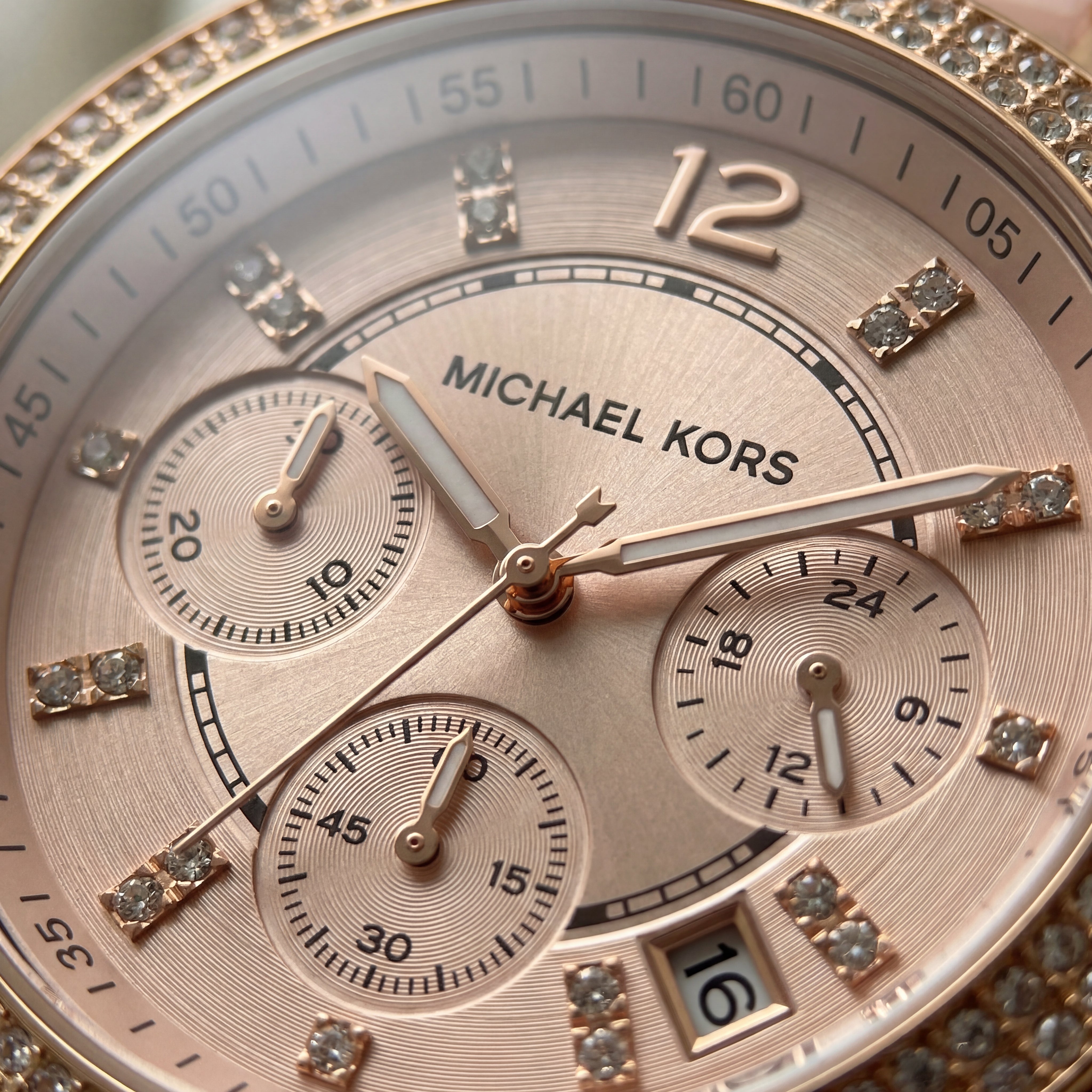 Rose Gold Crystal Bezel Blush Chronograph Dial Luxury Bracelet Watch – Women