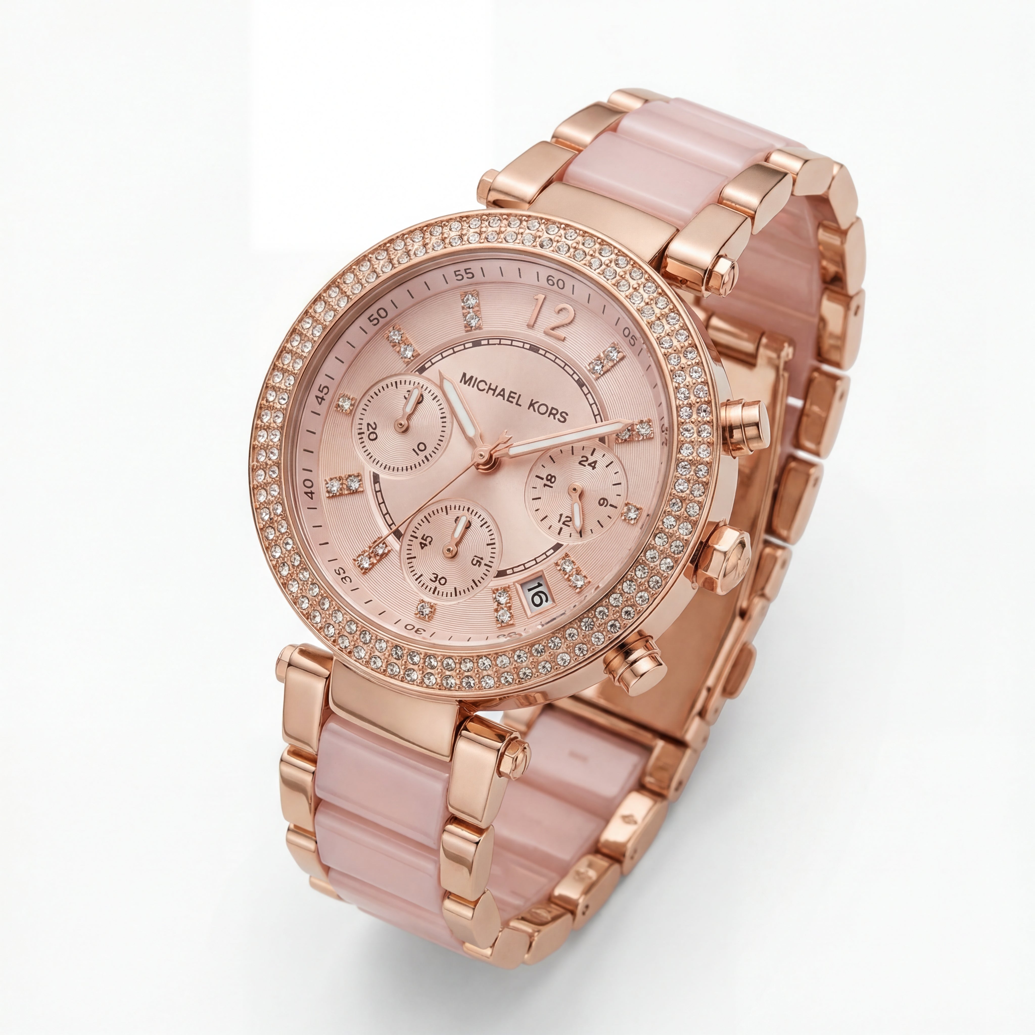 Rose Gold Crystal Bezel Blush Chronograph Dial Luxury Bracelet Watch – Women