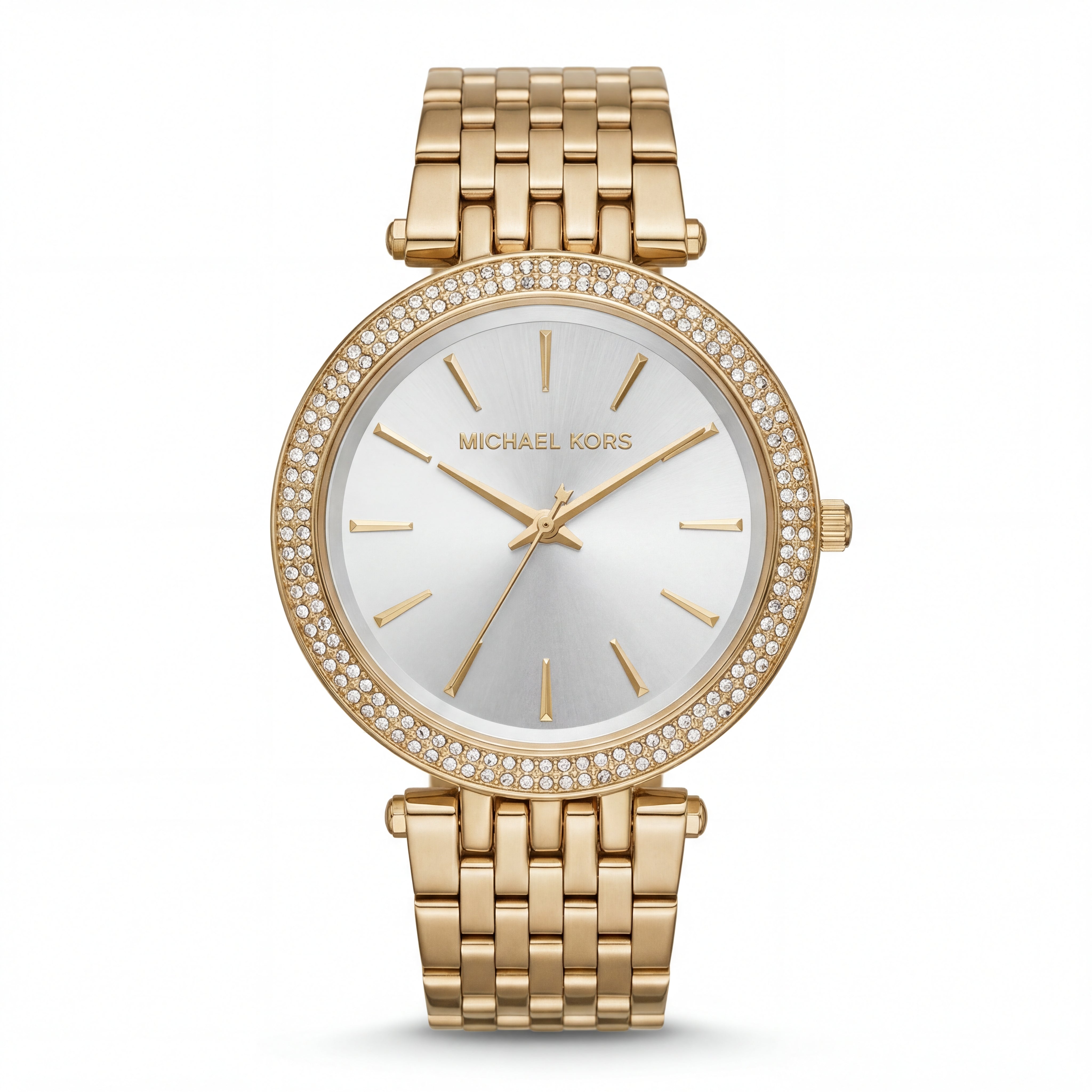 Gold Crystal Bezel Silver Sunray Dial Luxury Bracelet Watch – Women