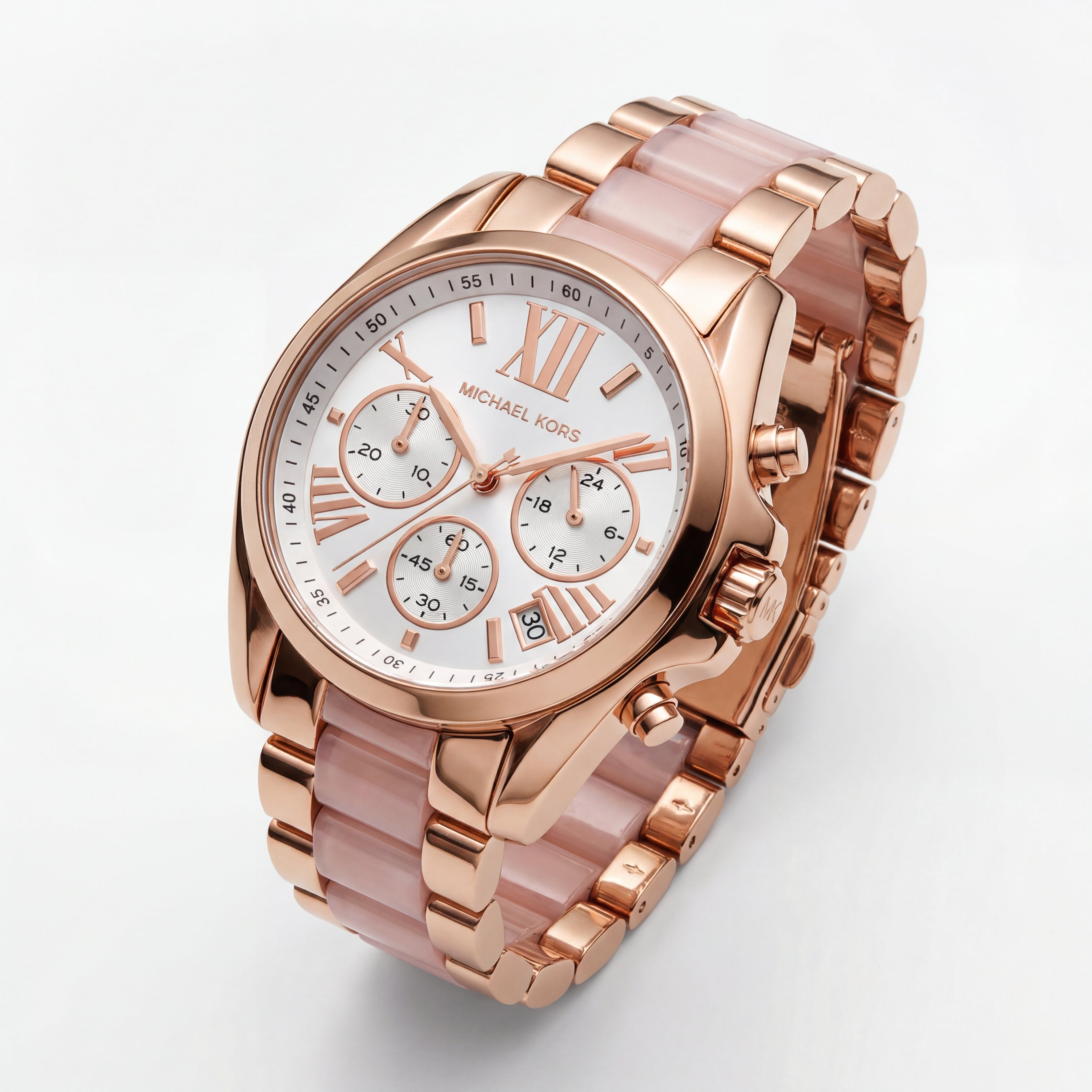 Rose Gold Chronograph White Dial Roman Numeral Luxury Bracelet Watch – Women