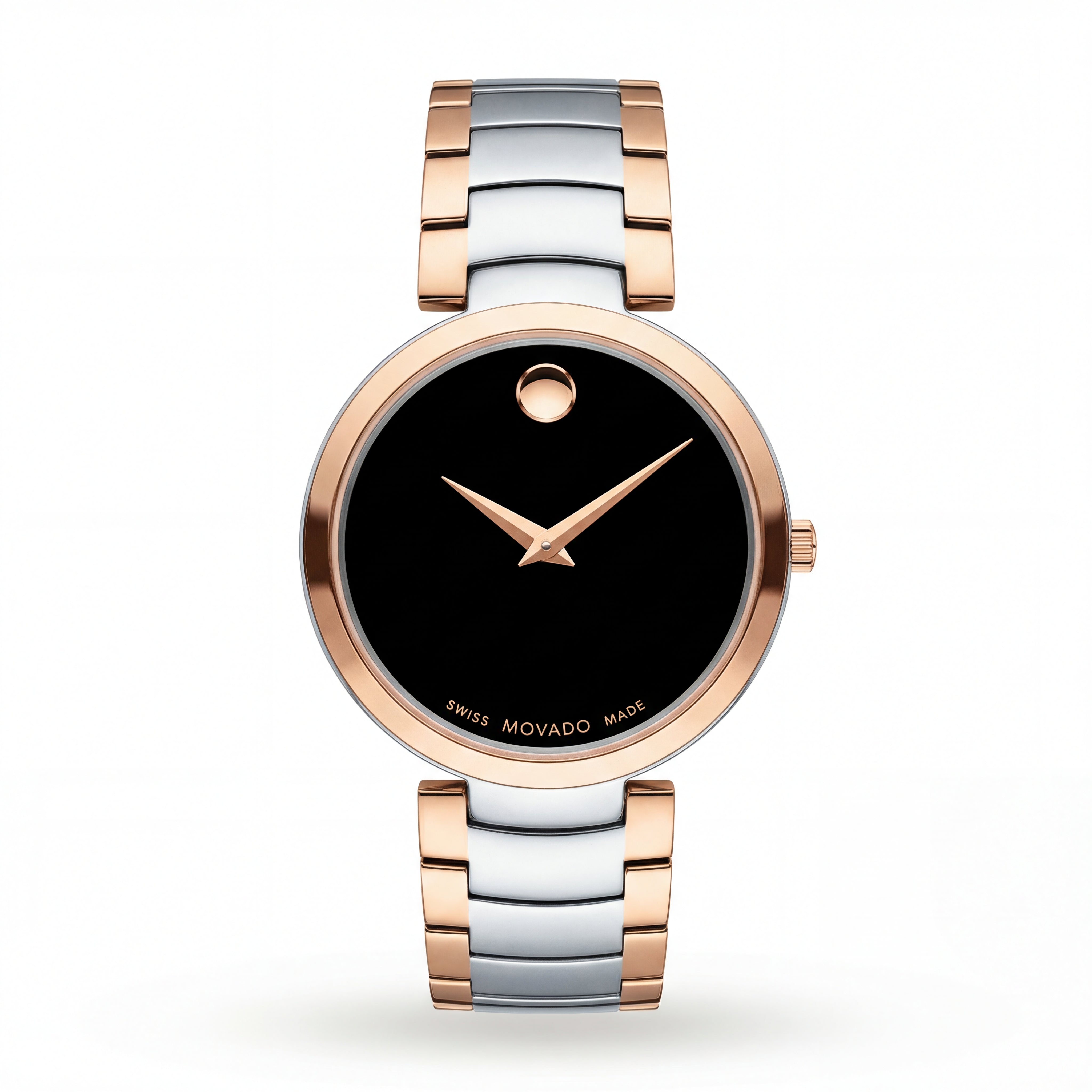 Two-Tone Steel & Rose Gold Minimalist Black Dial Luxury Bracelet Watch – Women