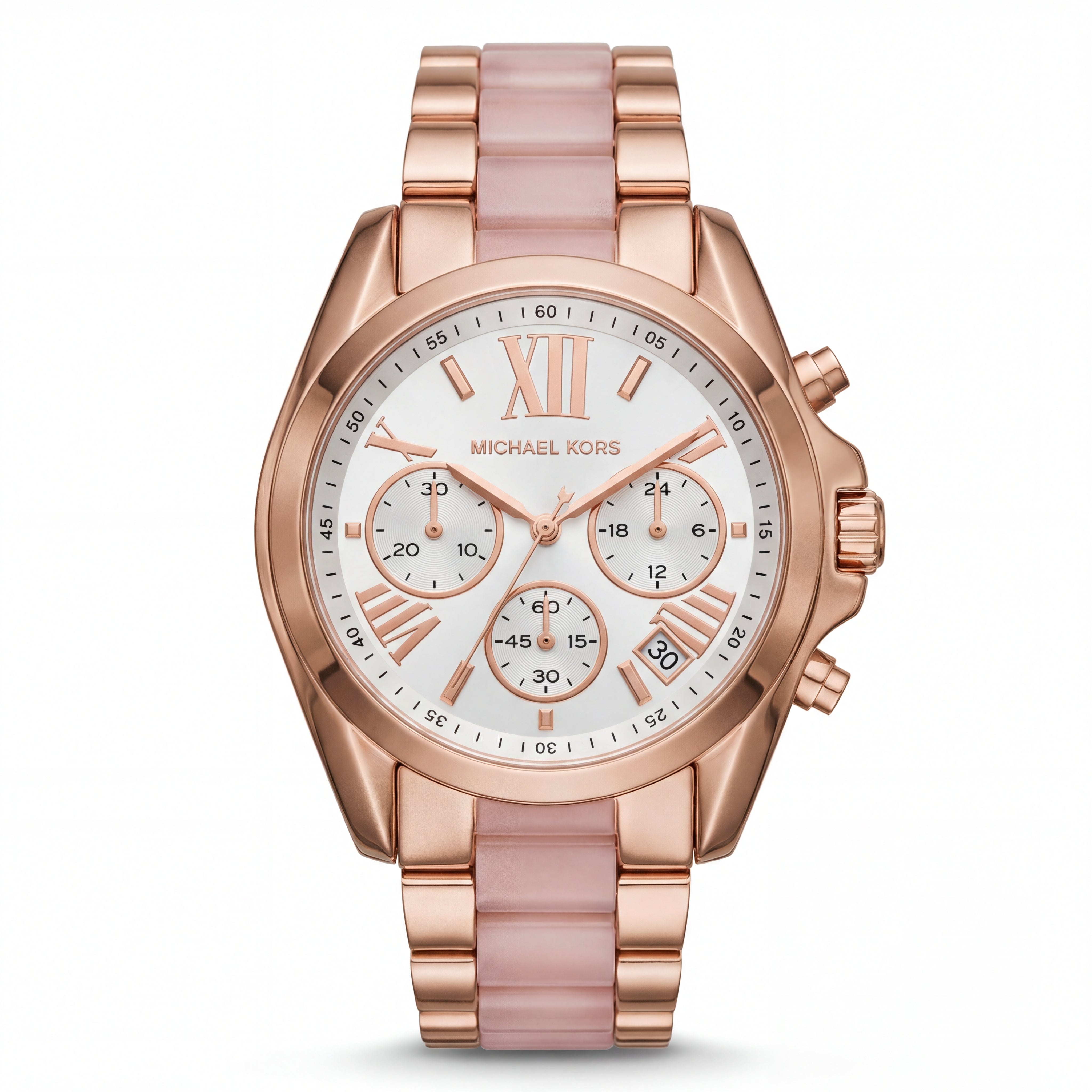 Rose Gold Chronograph White Dial Roman Numeral Luxury Bracelet Watch – Women