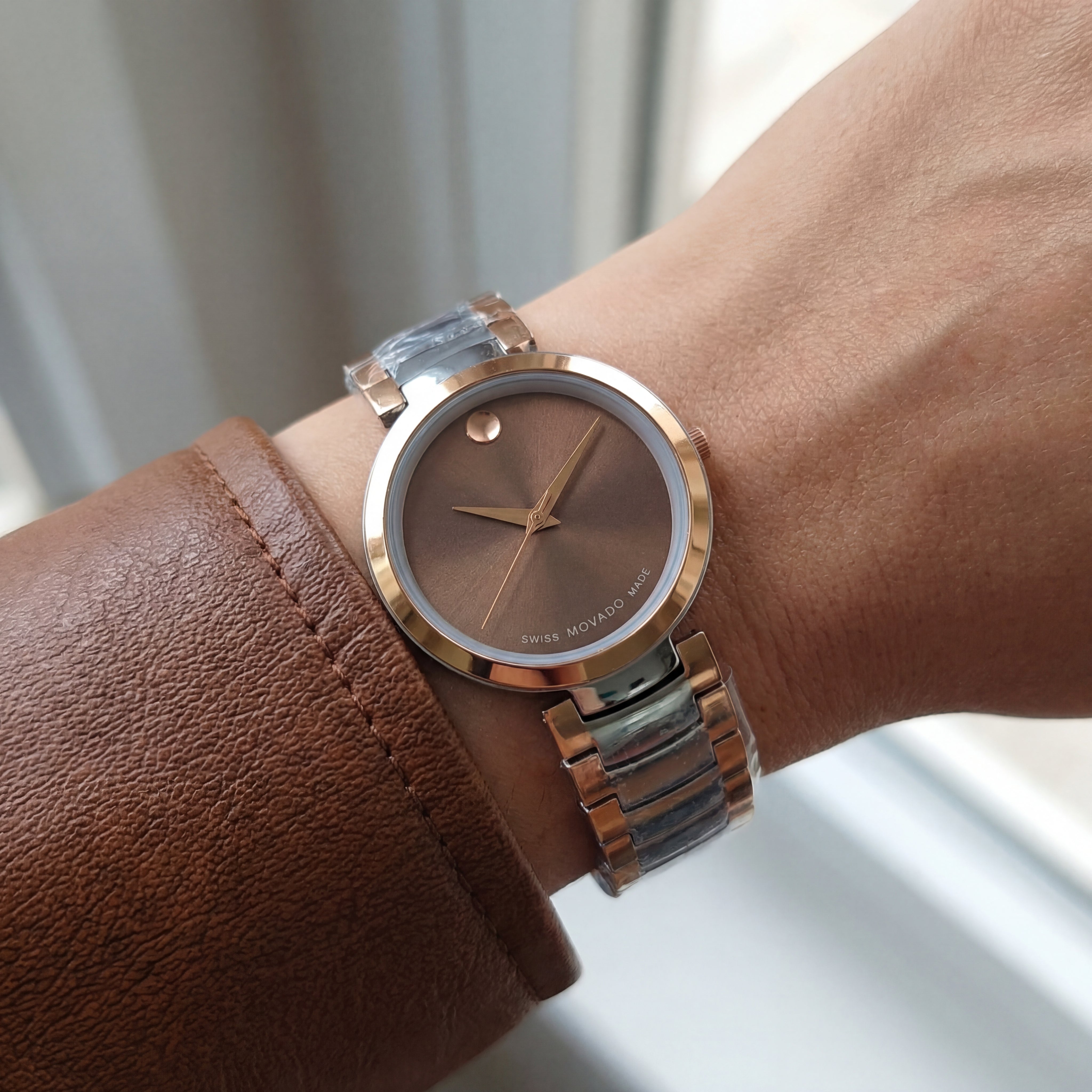 Two-Tone Steel & Rose Gold Minimalist Brown Sunray Dial Luxury Bracelet Watch – Women