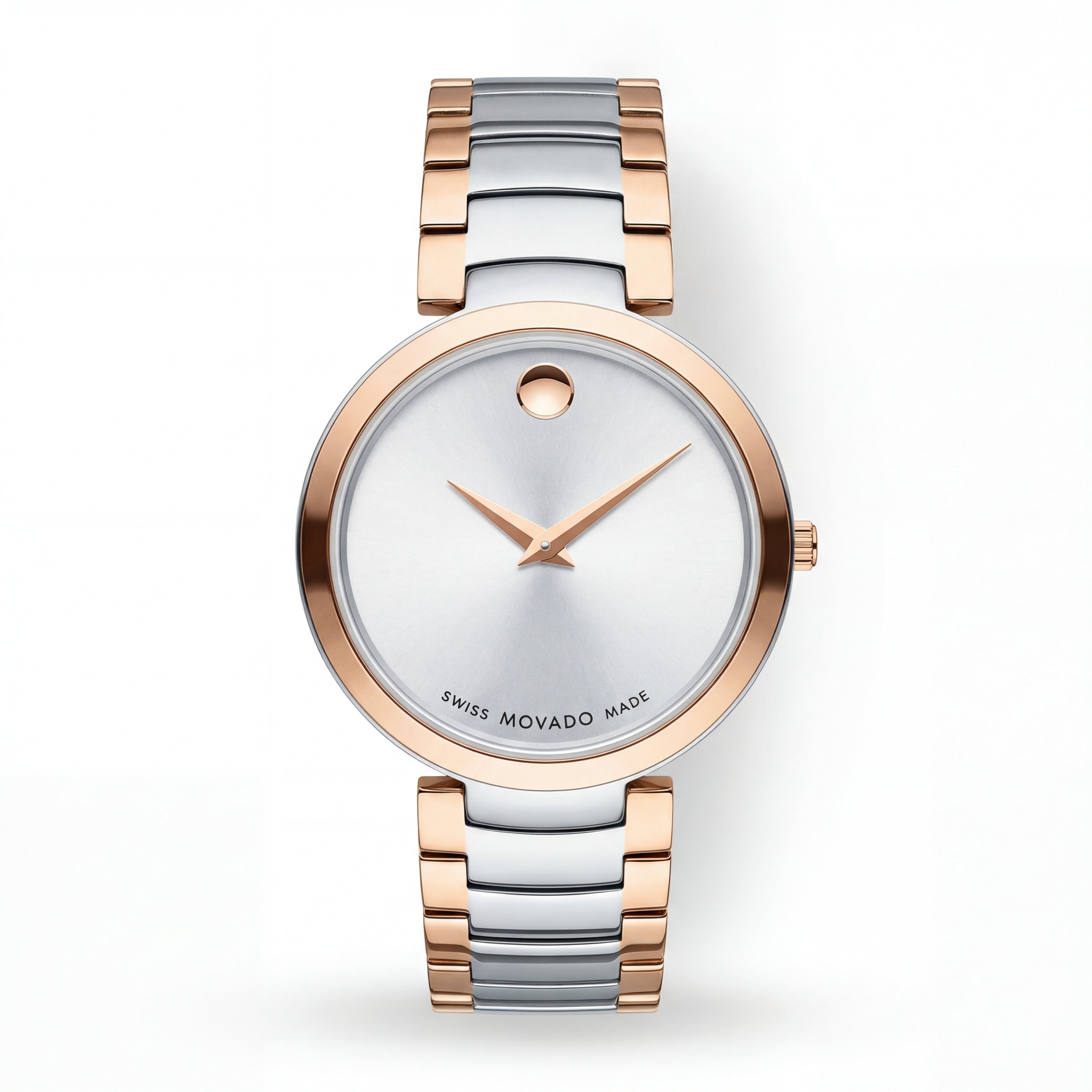 Two-Tone Steel & Rose Gold Minimalist Silver Sunray Dial Luxury Bracelet Watch – Women