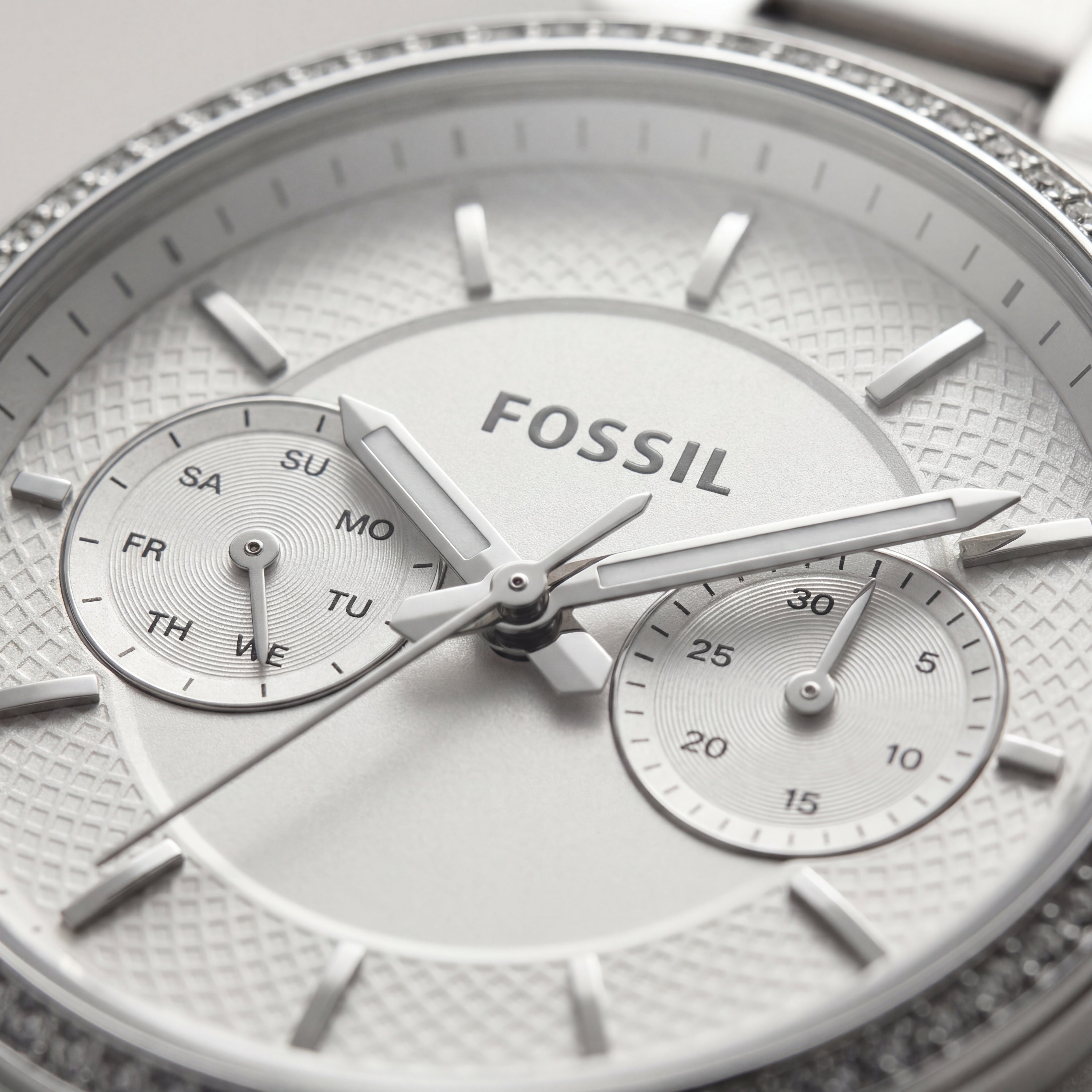 Silver Crystal Bezel Chronograph White Dial Steel Bracelet Watch