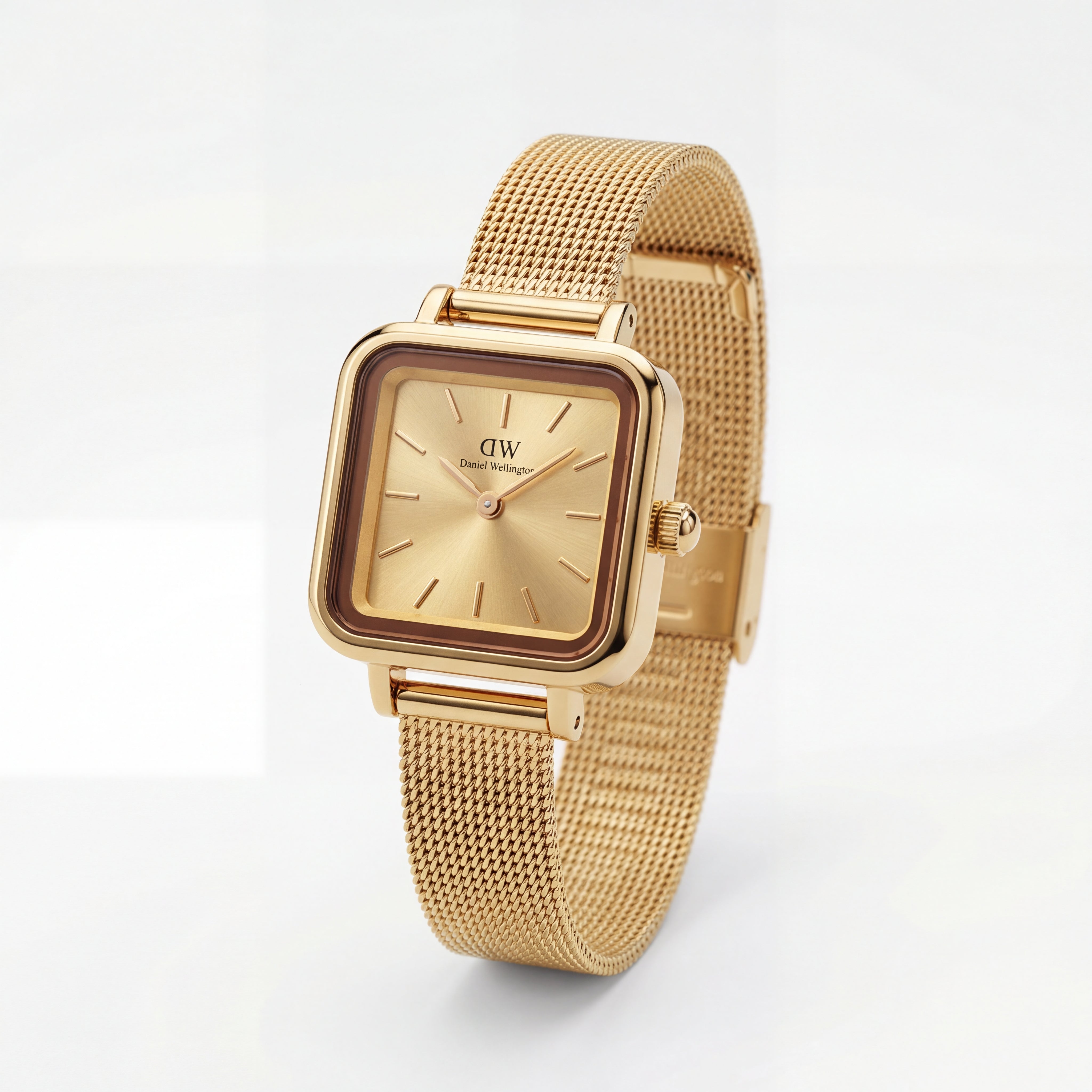 Gold Square Case Champagne Dial Mesh Strap Watch