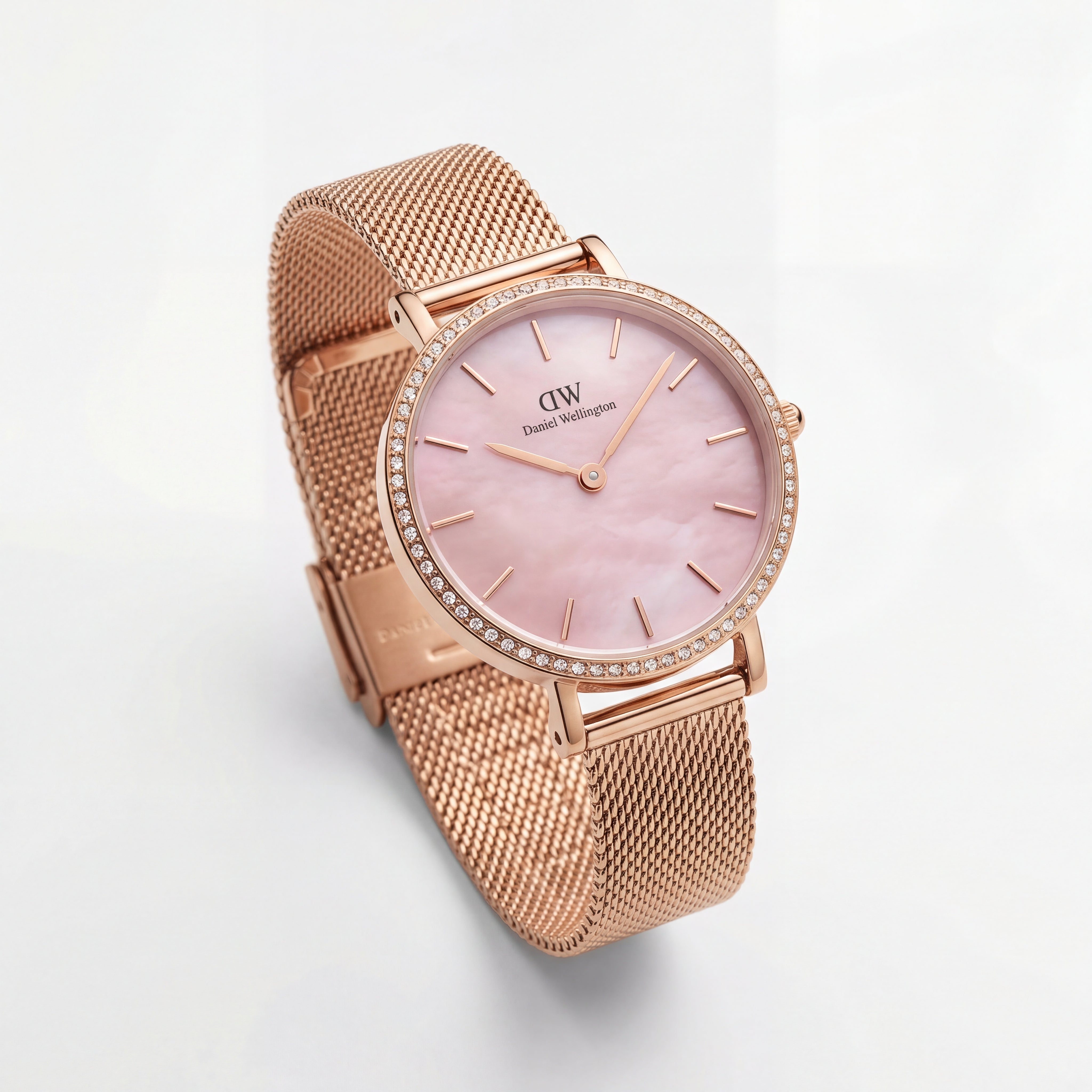 Rose Gold Crystal Bezel Pink Mother-of-Pearl Dial Mesh Strap Watch