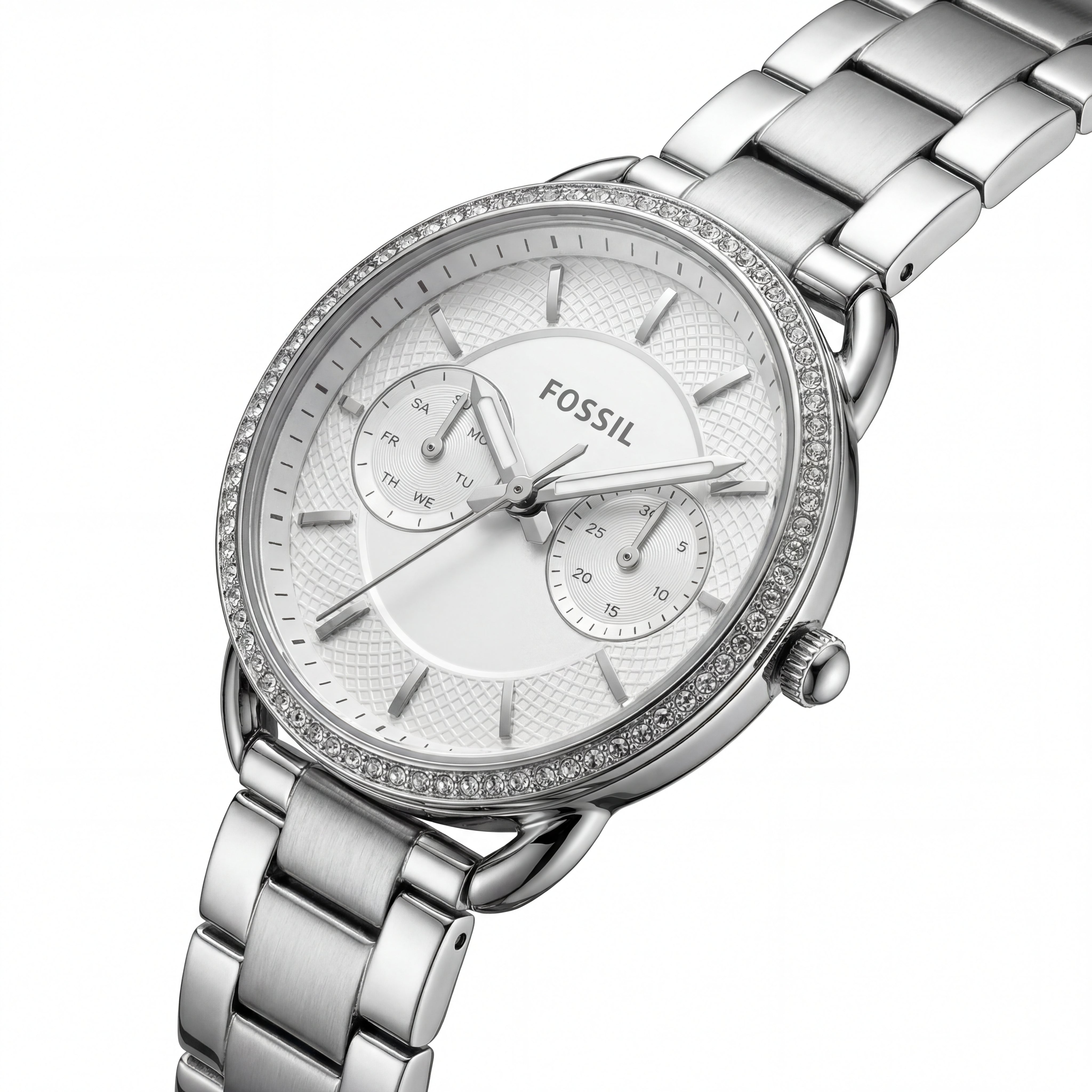 Silver Crystal Bezel Chronograph White Dial Steel Bracelet Watch