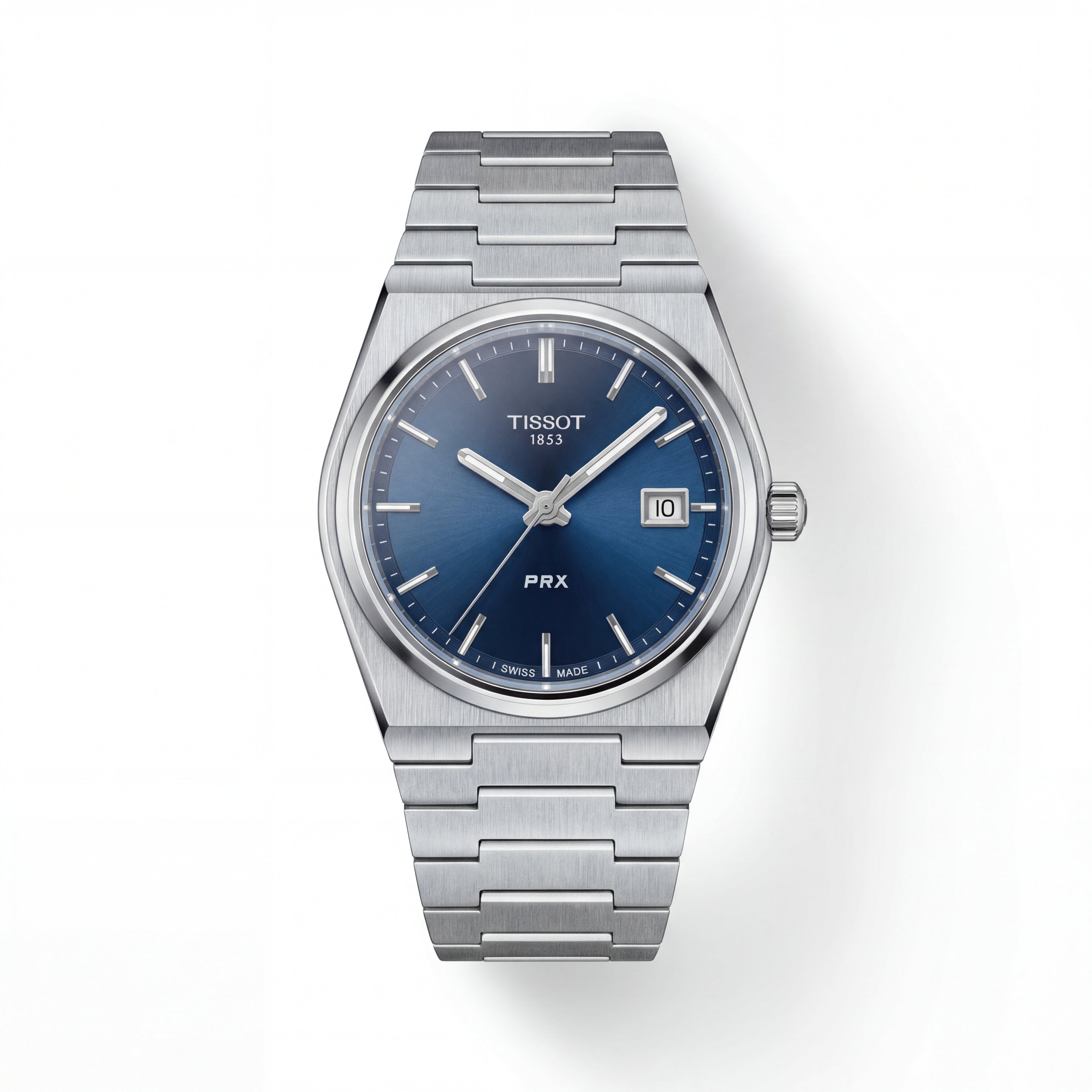Stainless Steel Integrated Bracelet Blue Sunburst Dial Date Watch