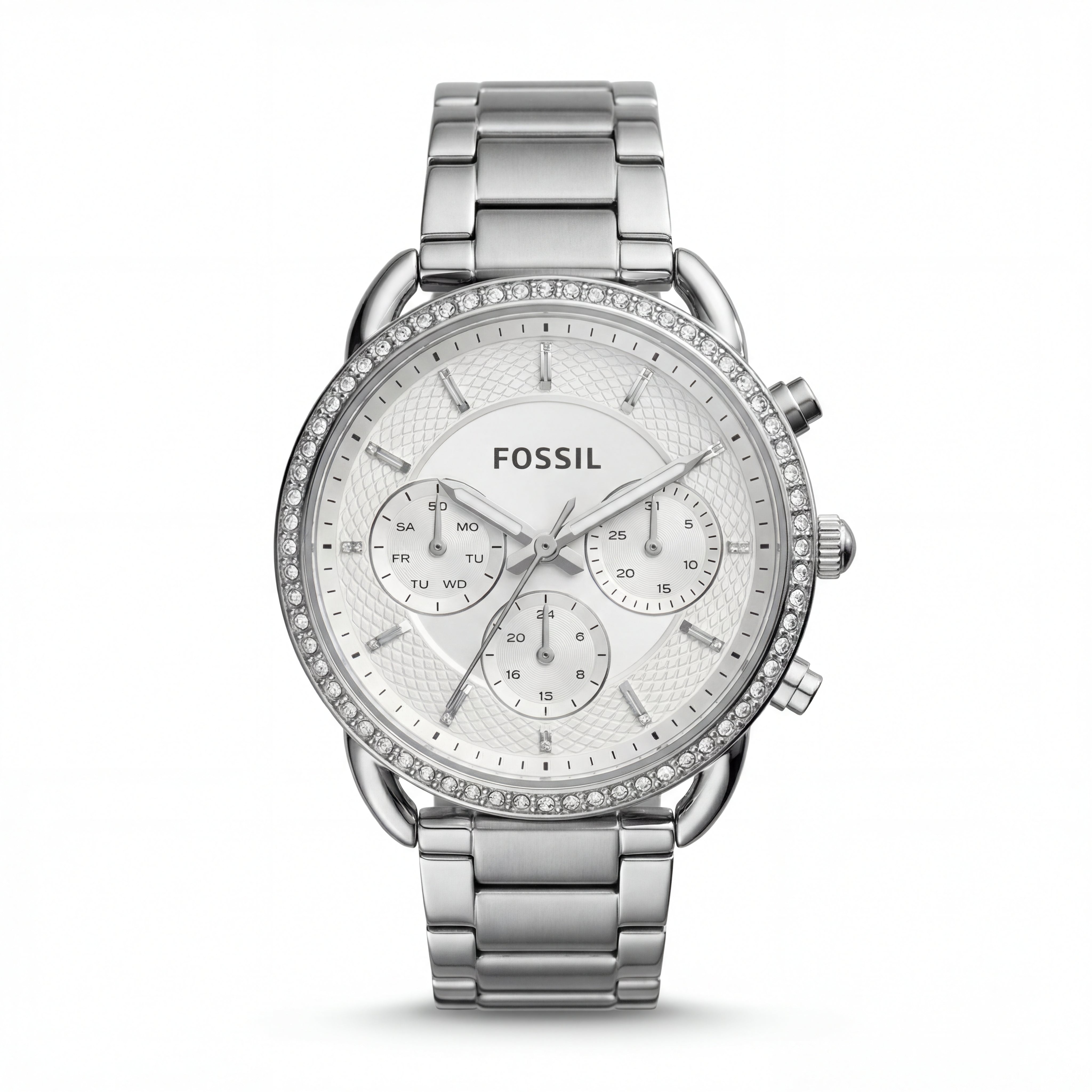 Silver Crystal Bezel Chronograph White Dial Steel Bracelet Watch