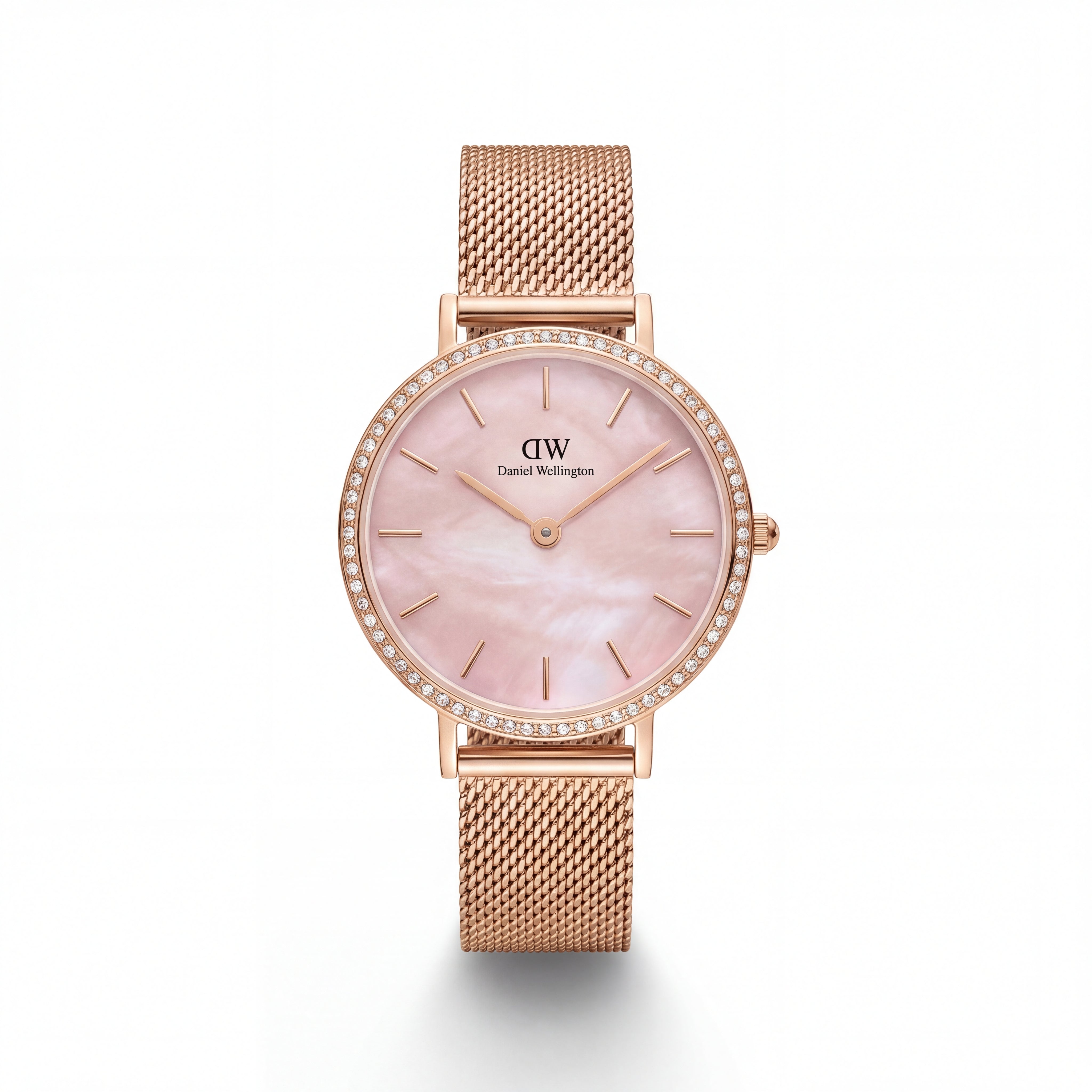 Rose Gold Crystal Bezel Pink Mother-of-Pearl Dial Mesh Strap Watch