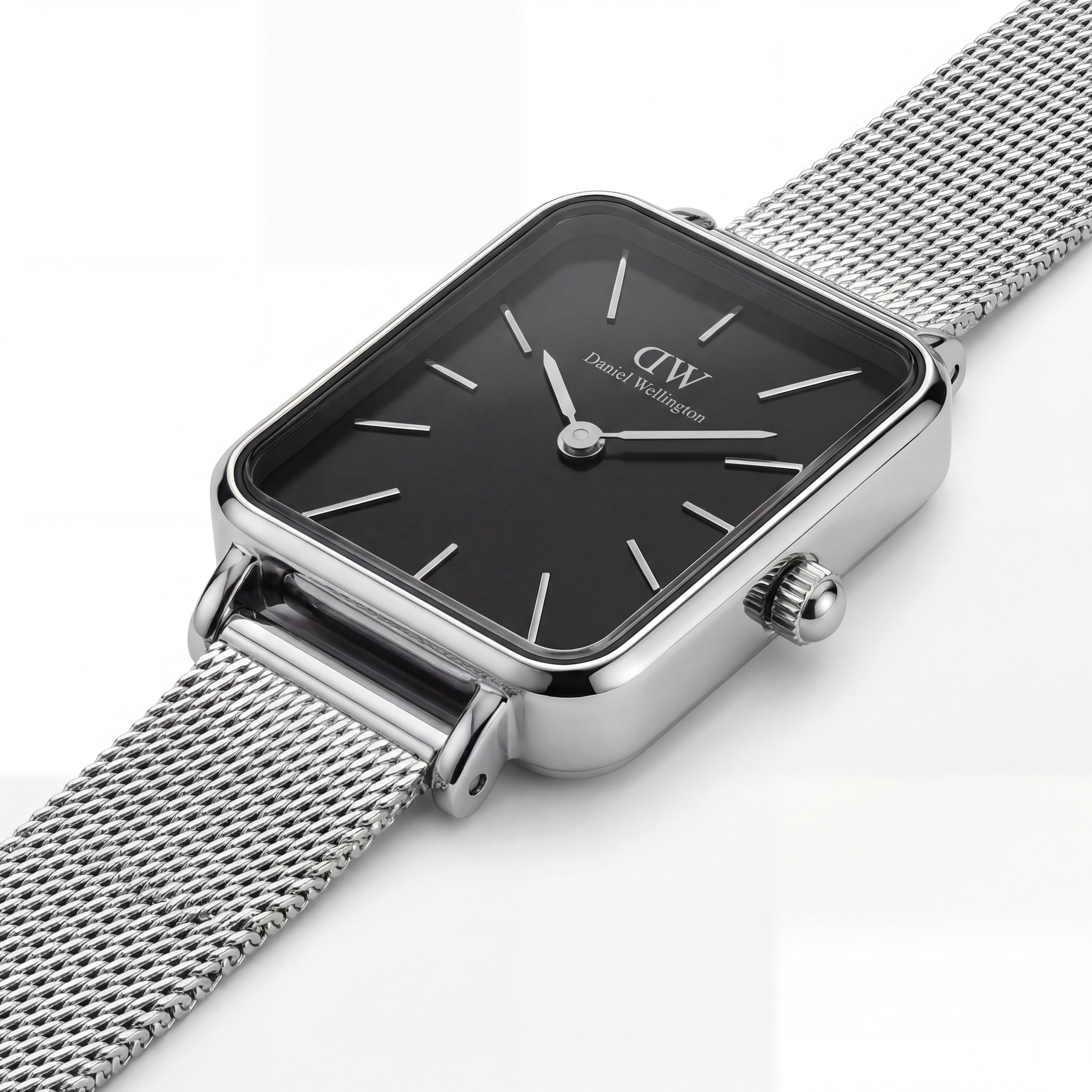 Midnight Black Rectangular Dial Silver Mesh Minimal Watch