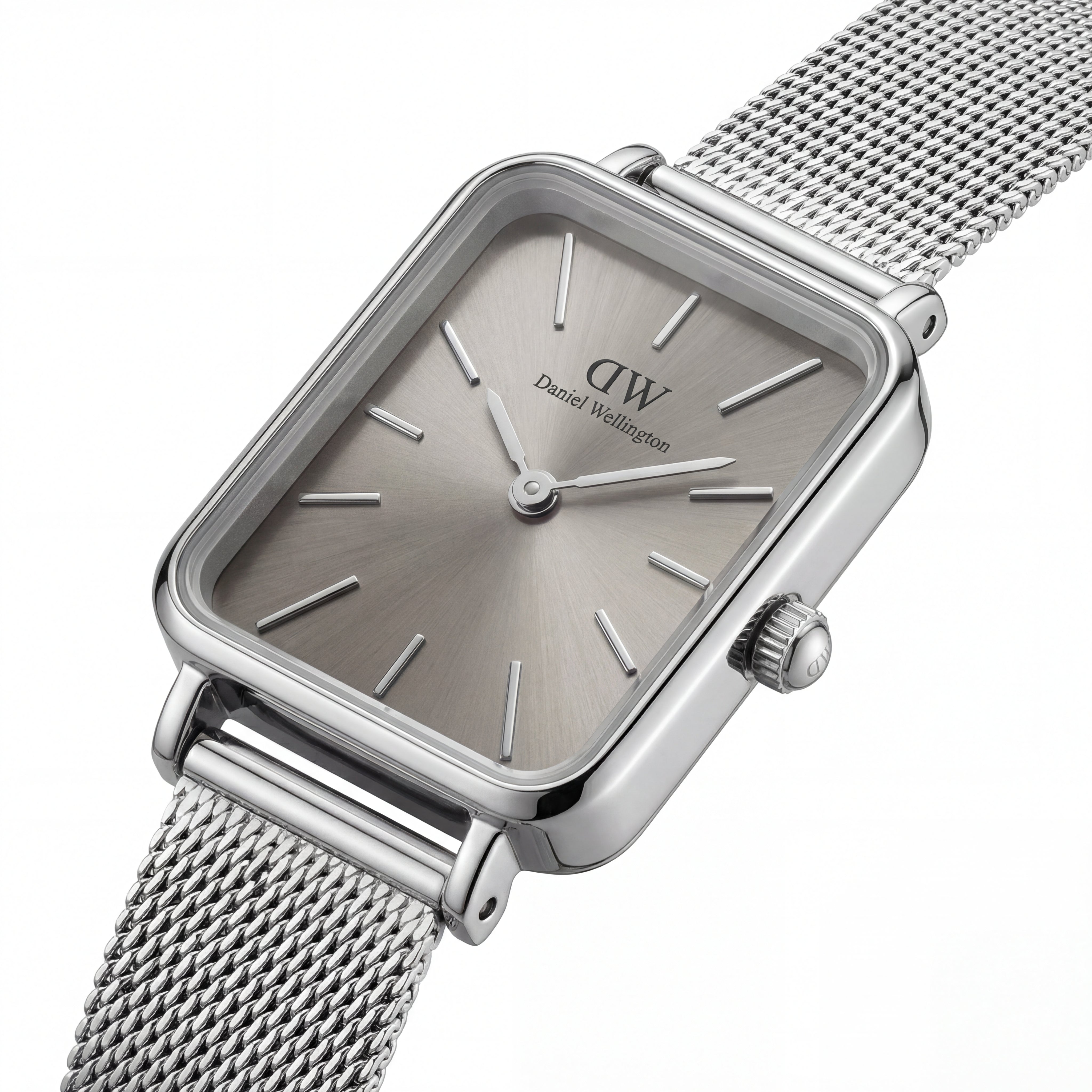 Silver Rectangular Sunray Dial Mesh Strap Minimal Watch